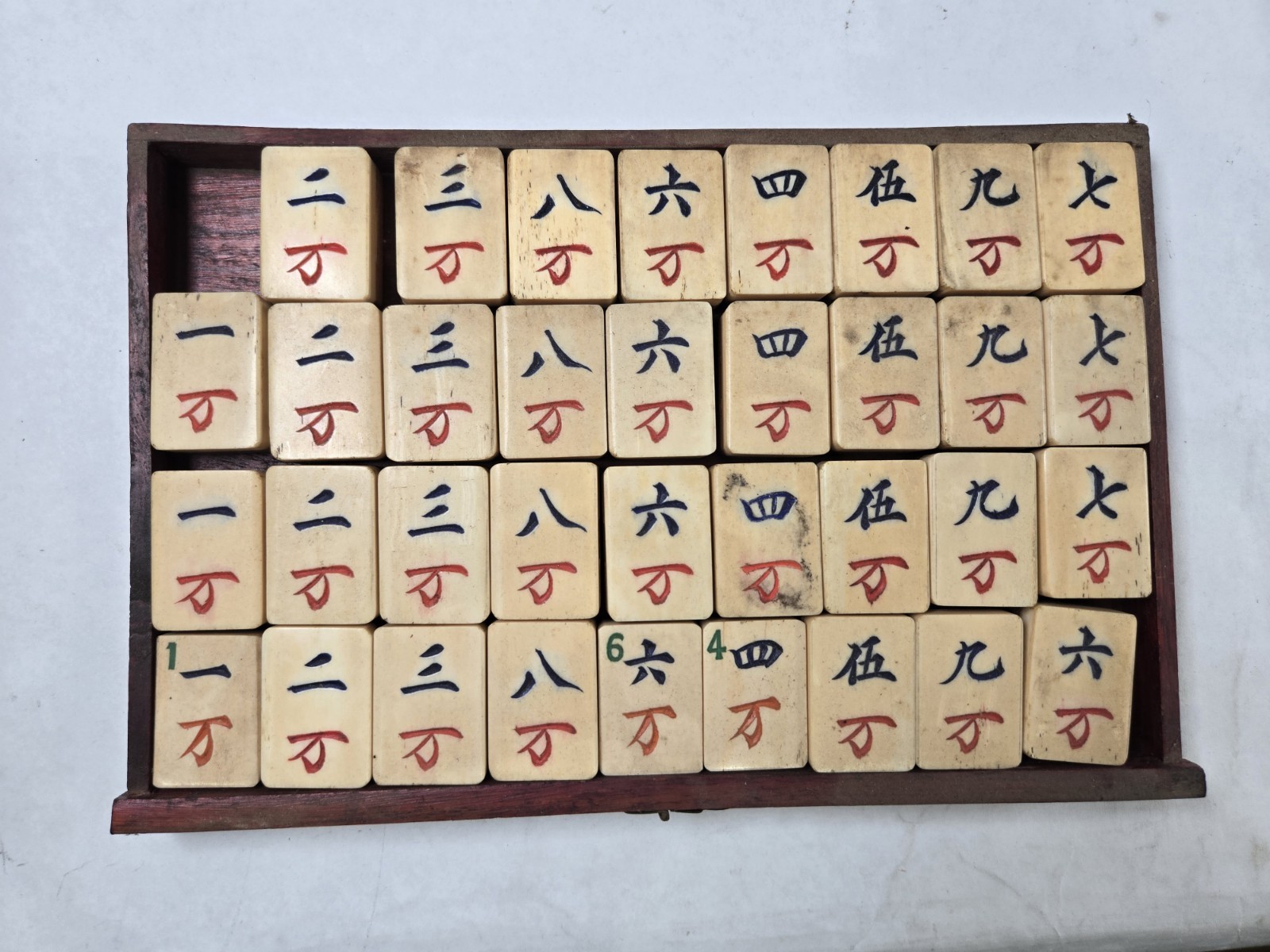 Mahjong Hand Carved Tiles in Original wood trays c.1920 Bamboo Bone 210 tiles +