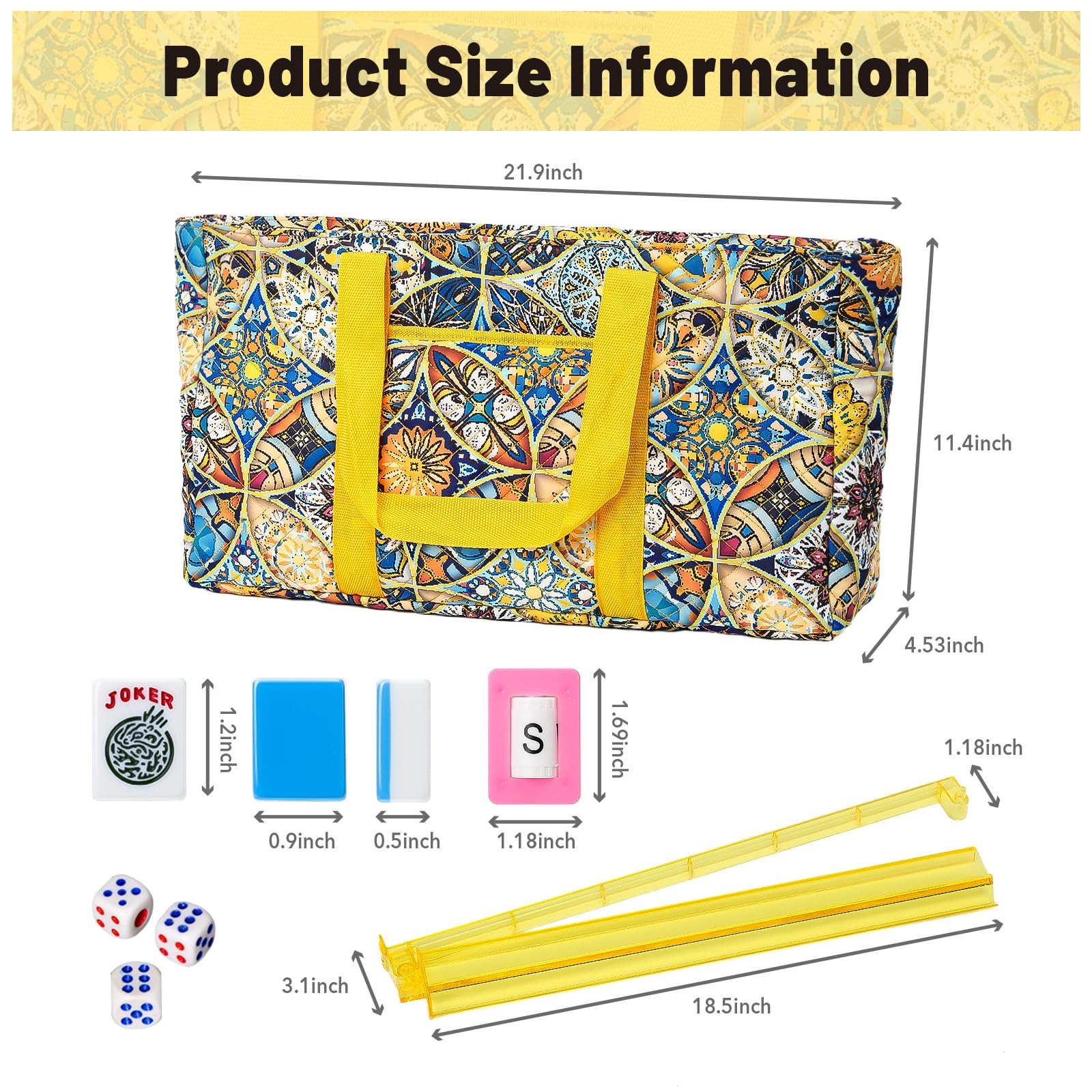 American Mahjong Tile Set with Yellow Printed Carrying Bag, 166 Blue Tiles, 4…