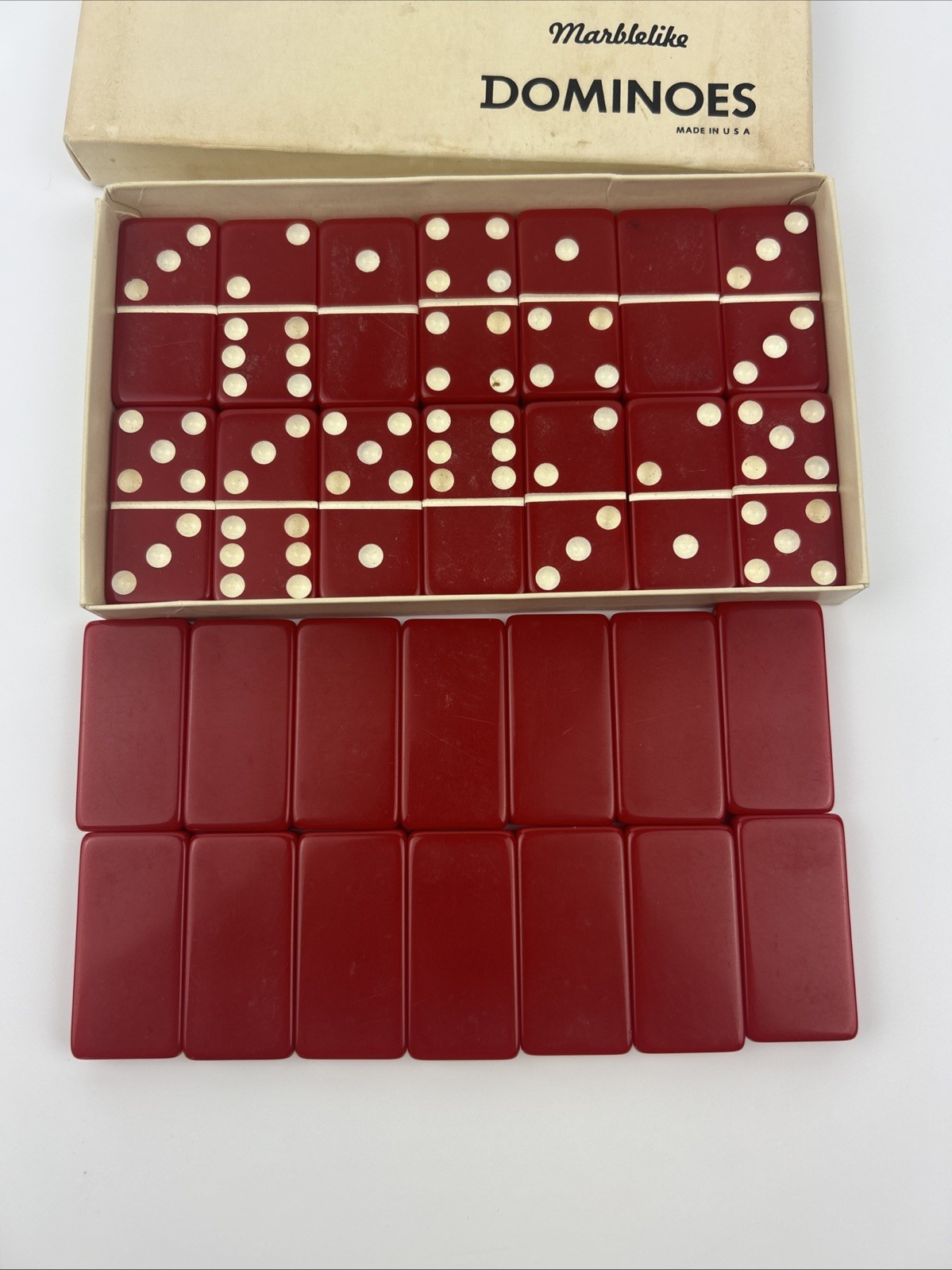 Vintage No. 616 Standard Marblelike Red 28 Dominoes Set Complete In Original Box