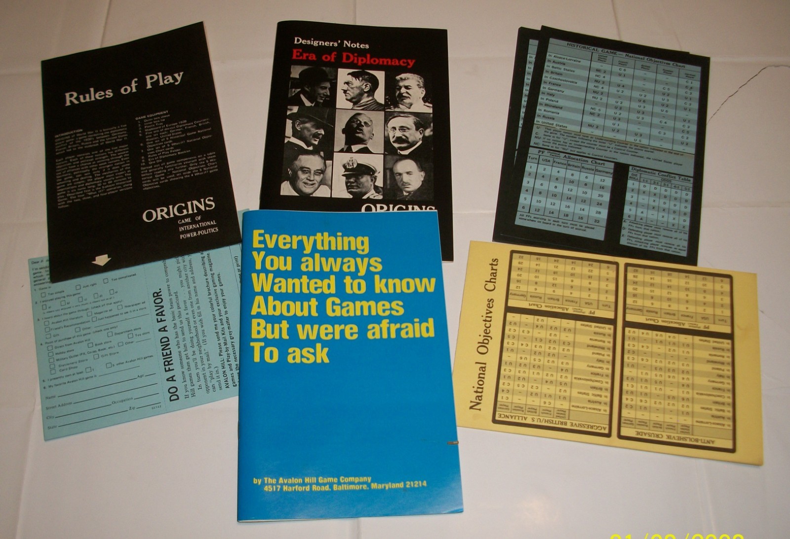 Avalon Hill 1972 Bookcase Game : Origins of World War II used, Not Complete