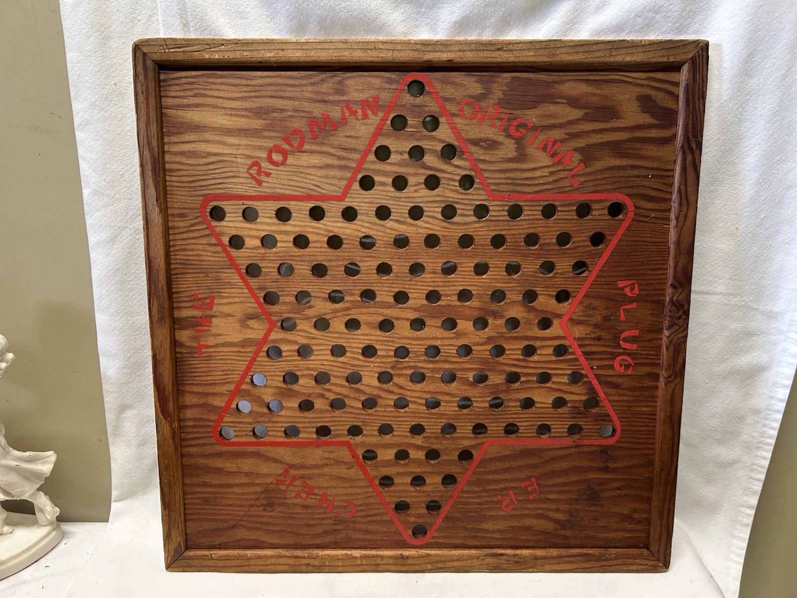 Vtg 1930’S Primitive Wooden RODMAN ORIGINAL PLUG ER CHEK Chinese Checker Board