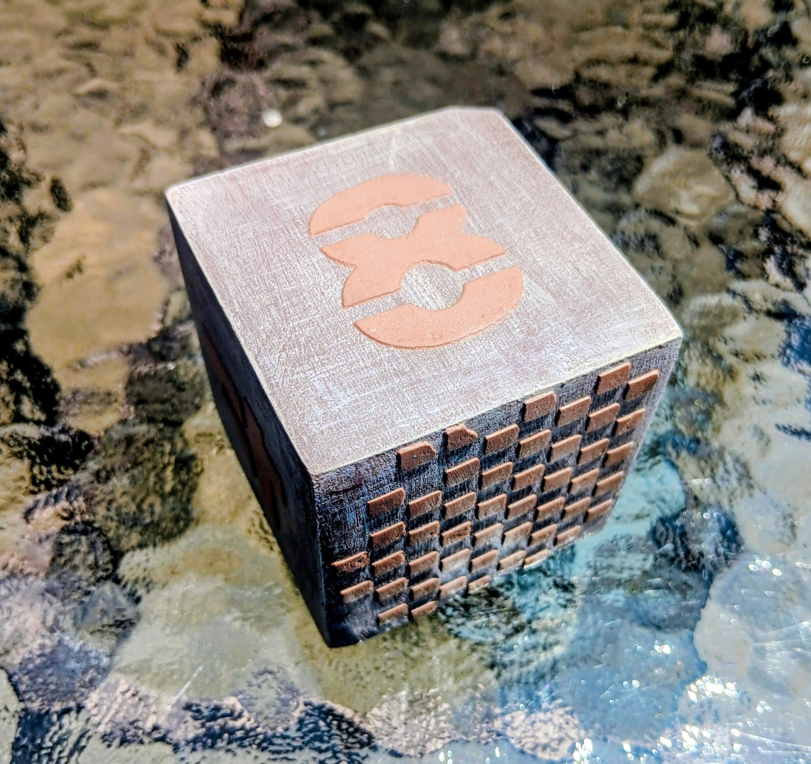Jumbo 2.25 Inch Vintage Wooden Doubling Cube, Tan On Gray, Rare, Beautiful!