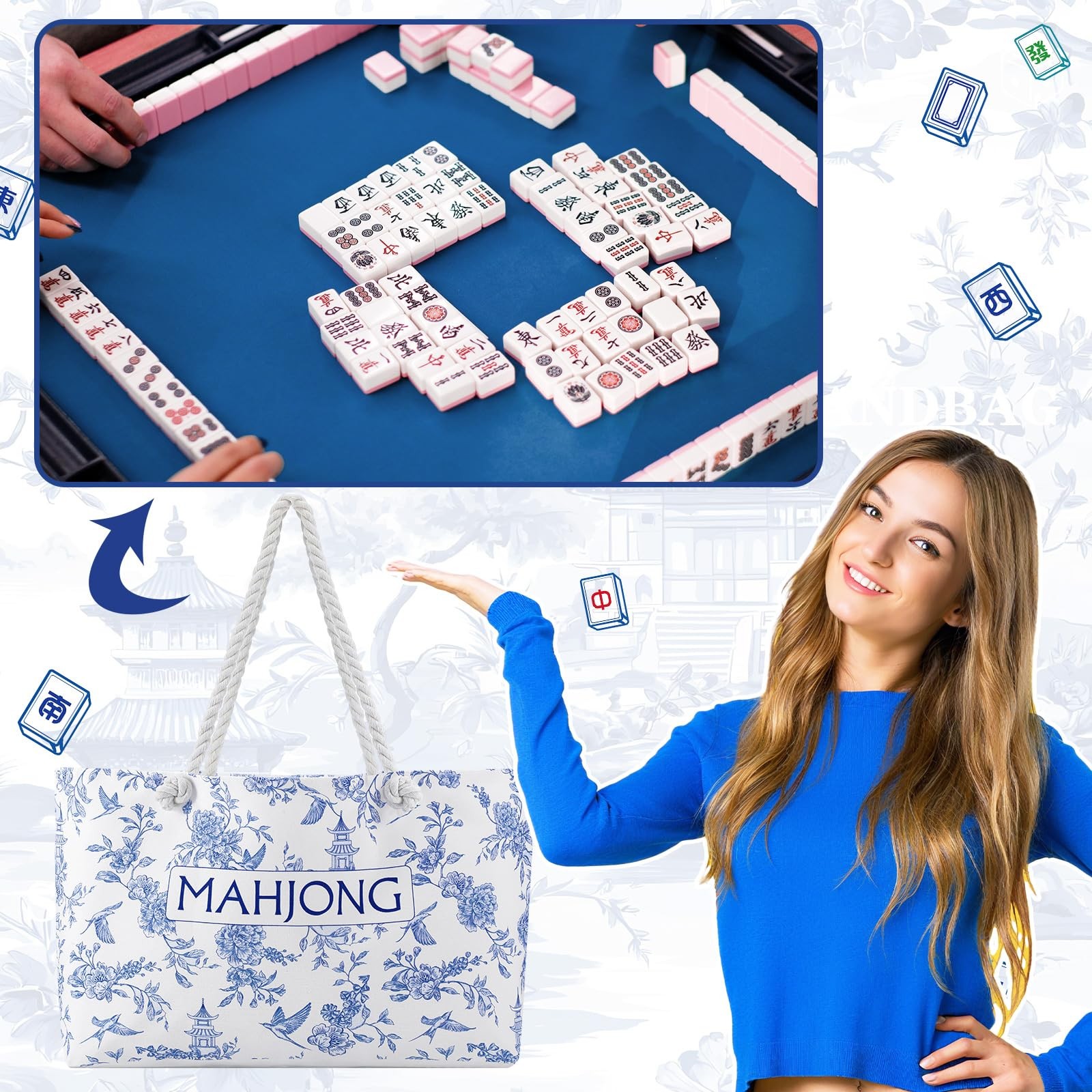 Empty Mahjong Tote Bag Mahjong Canvas Bag 24.0 x 13.0 x 4.7 Inch Chinoiserie …