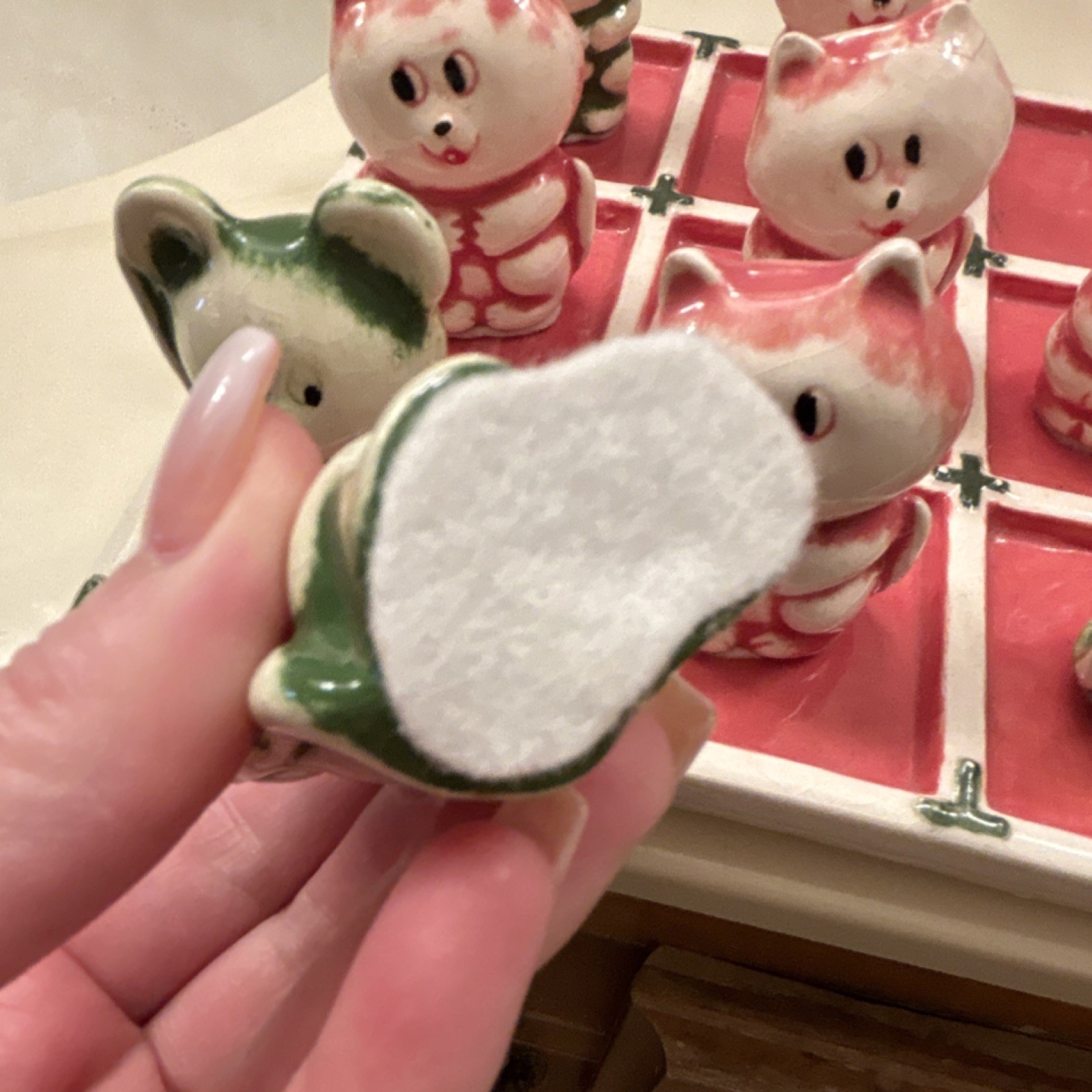 Ceramic Tic Tac Toe Board Game with Cat & Bear Figurines, Vintage Style