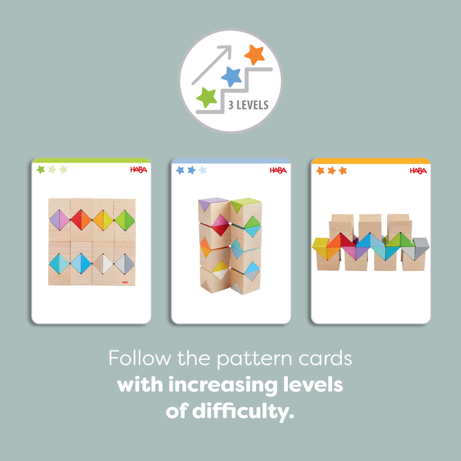 HABA Rainbow Triangle Wooden Blocks Game, Stacking Toys with Pattern Cards
