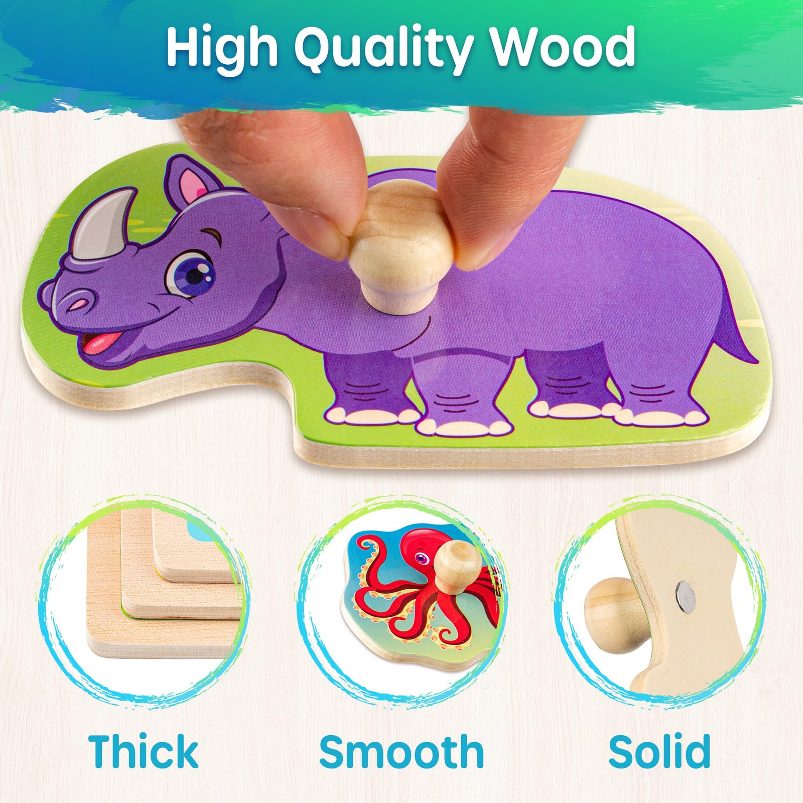 Wooden Puzzles Toddlers Ages 1-3 Animals Educational Montessori 6X Set 2-4