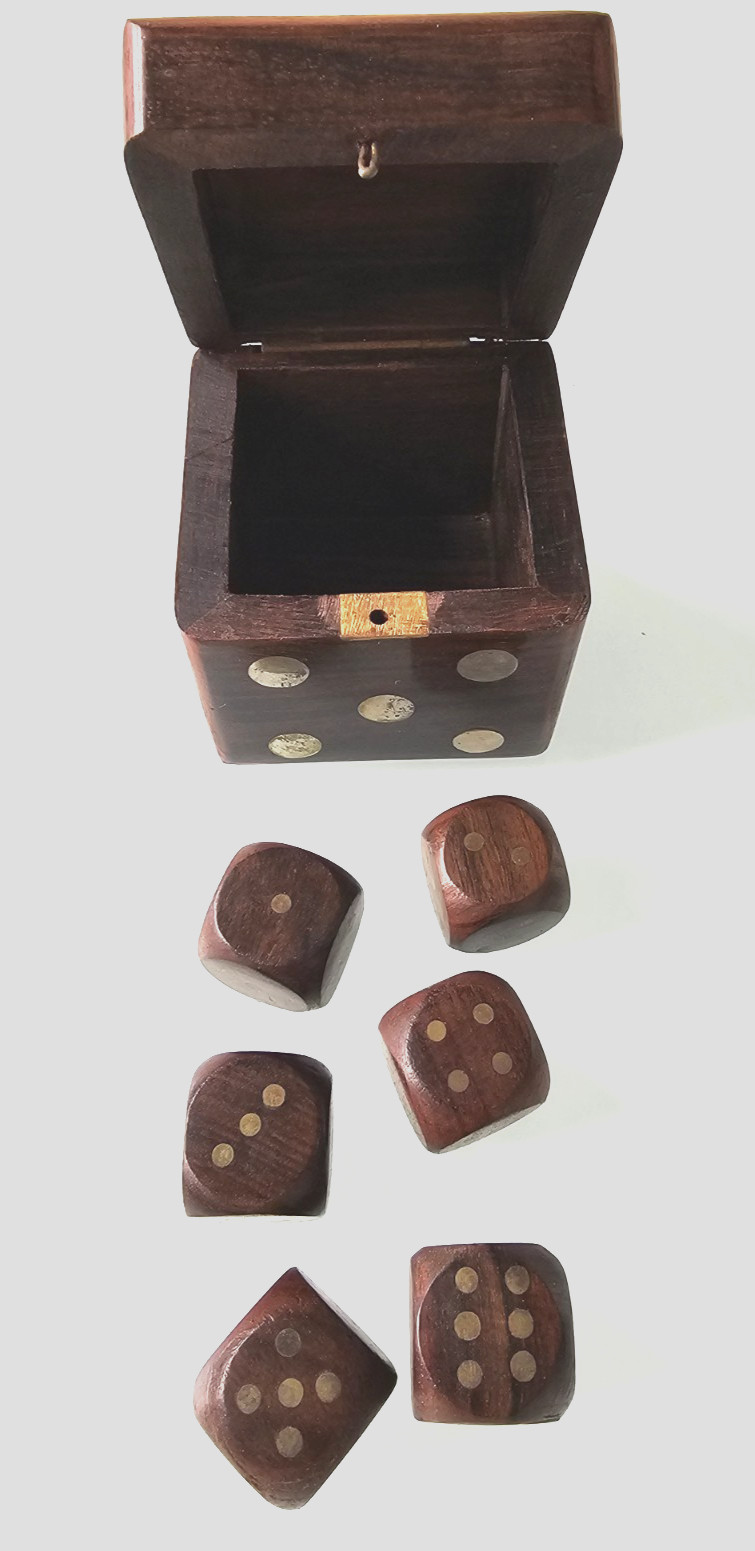 Set of 6 Wood Dice & Storage Box with inset brass decorative spots