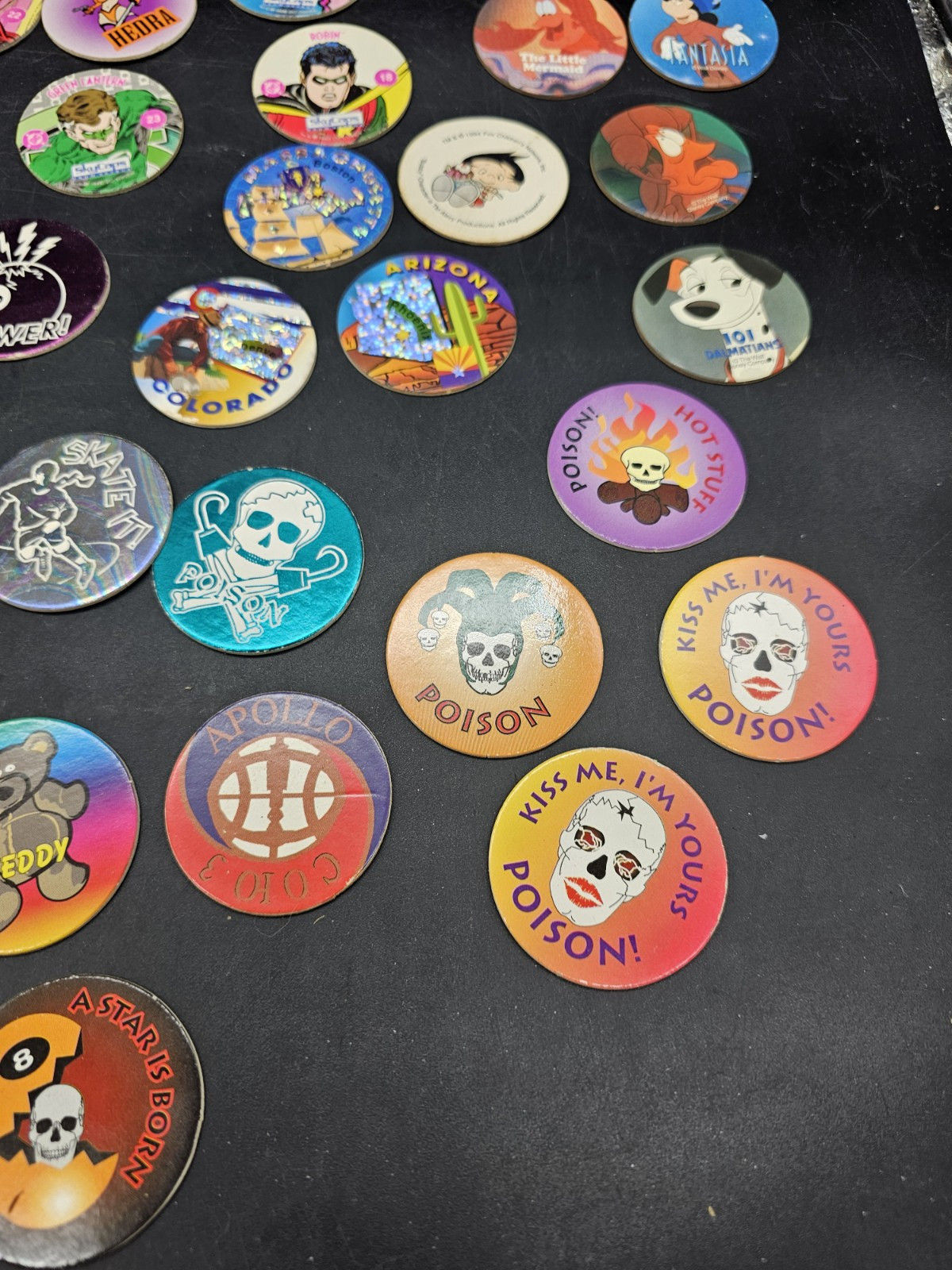 POGS Lot DC comics Sports 8 Ball Disney Poison Red Wings Slammer