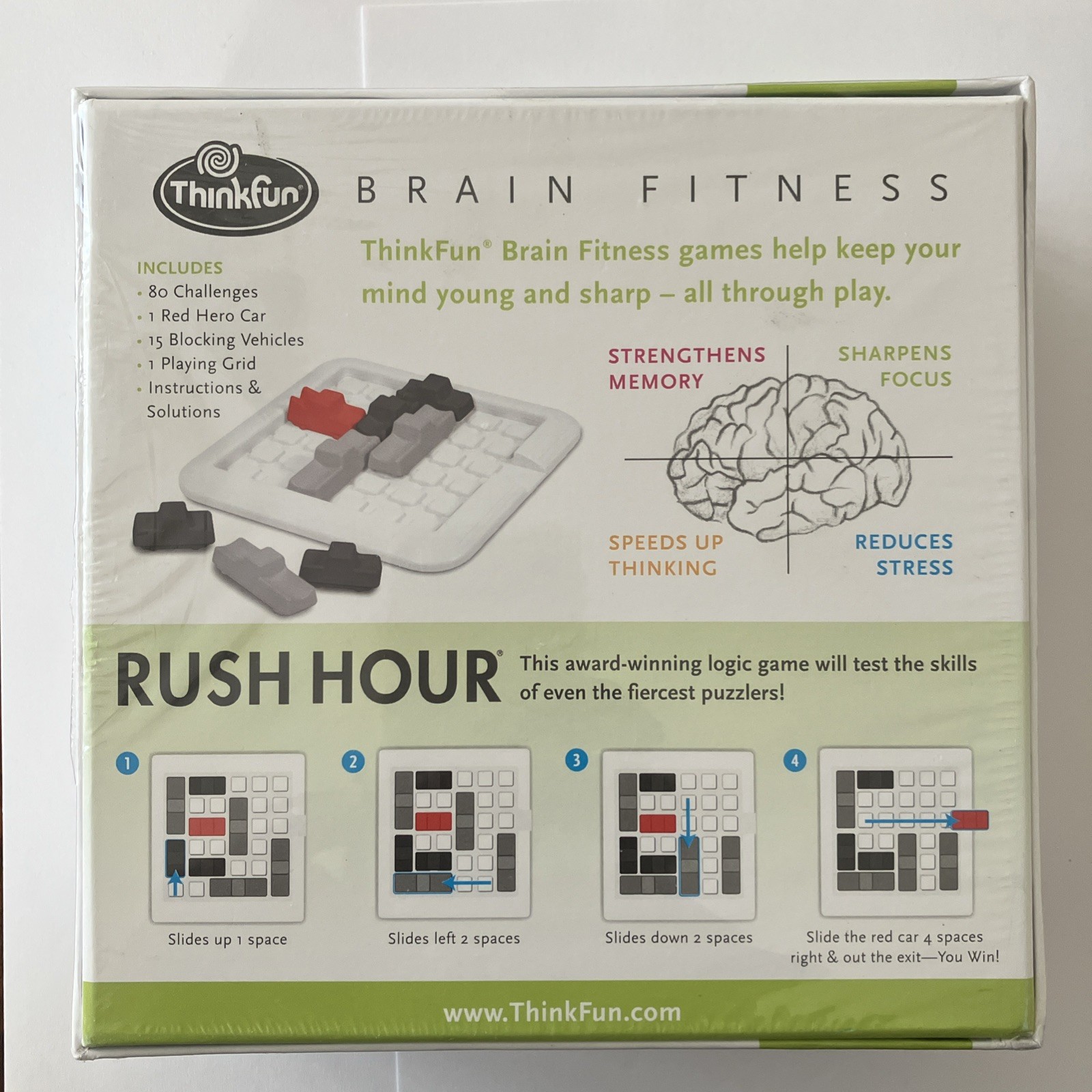 ThinkFun Rush Hour Brain Fitness Sliding Block Logic Game 80 challenge SEALED.