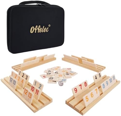 Upgraded Rummy Cube Game Set & 4 Wooden Racks, 106 Large Number Rummy Tiles and