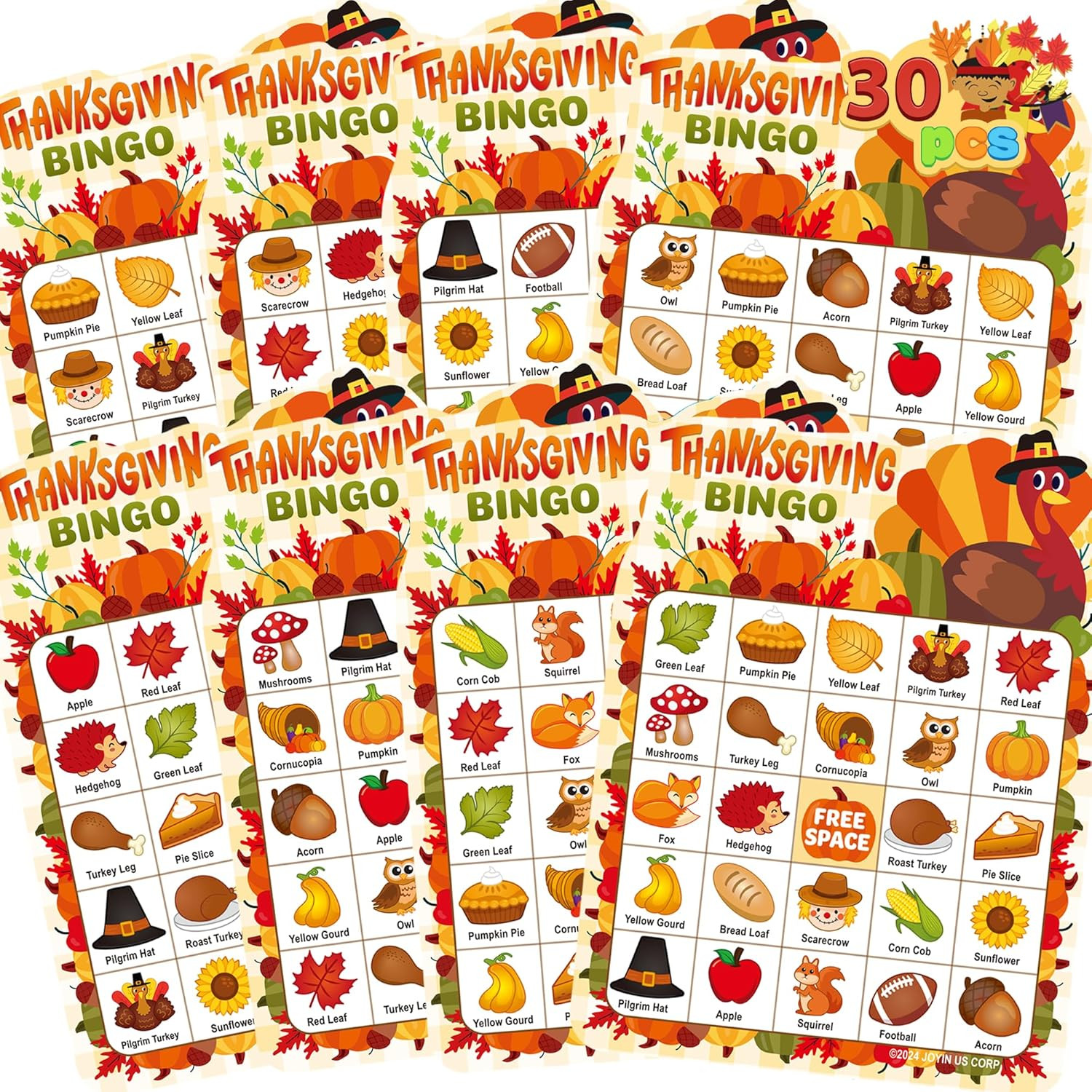 30 Pc Thanksgiving Bingo Game Cards Kids Family Party Classroom Activity