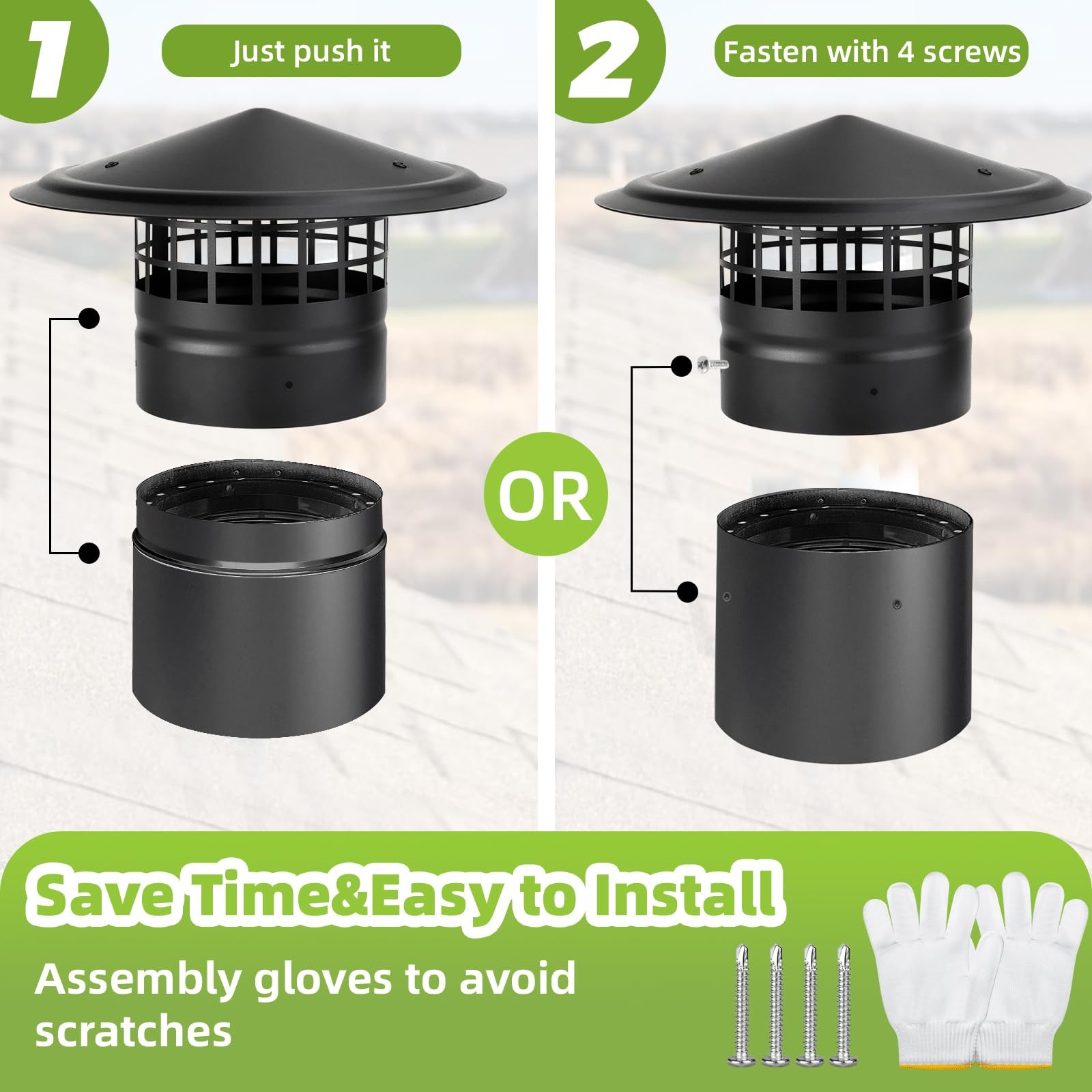 6 Inch Round Chimney Cap,Cone 6 inch Cap-Square Screen, Silver/Black