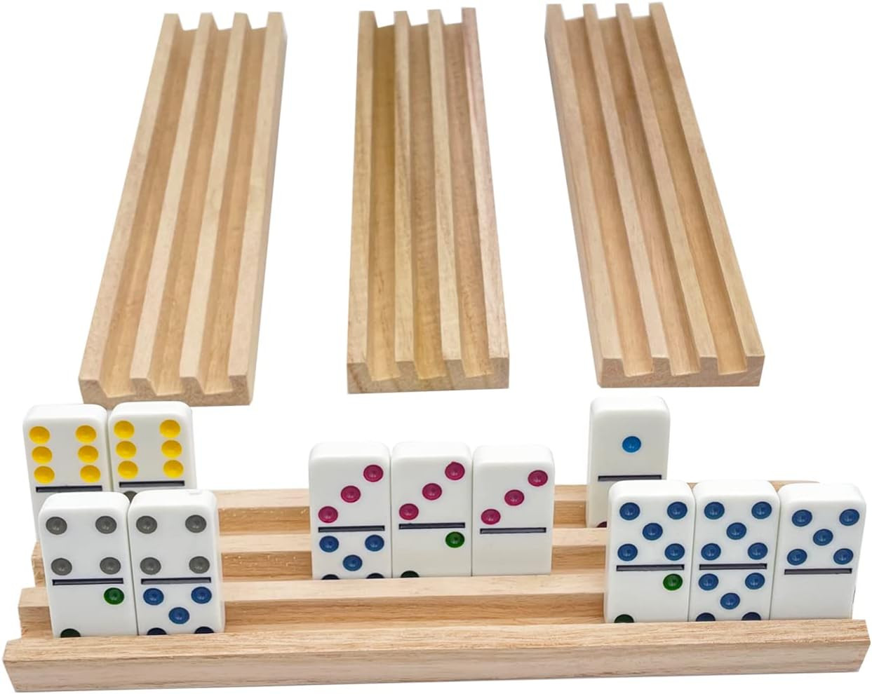Set of 4 Wooden Domino Racks Natural Trays Holders for Mexican Train Game
