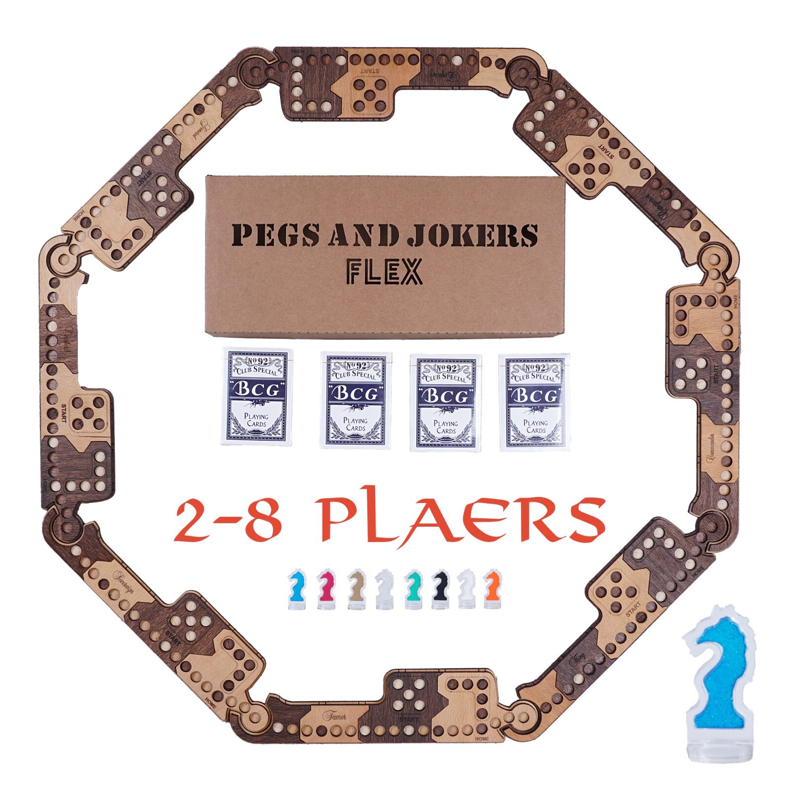 Pegs and Jokers Flex Board Game Set 2 to 8 Players Handcrafted Natural Wood