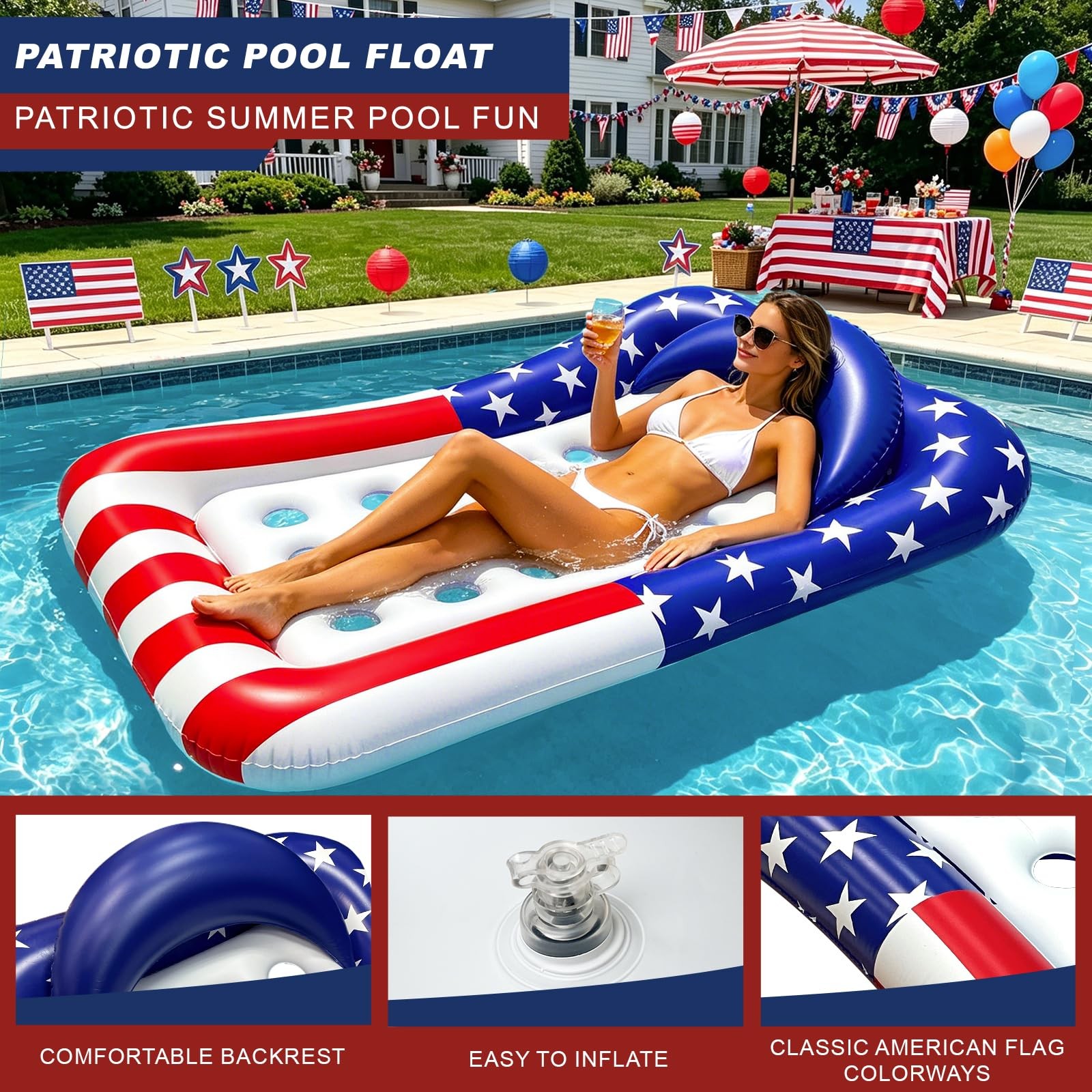 Pool Float 71 X 50 Patriotic American Flag Inflatable Lounger Backrest Floats