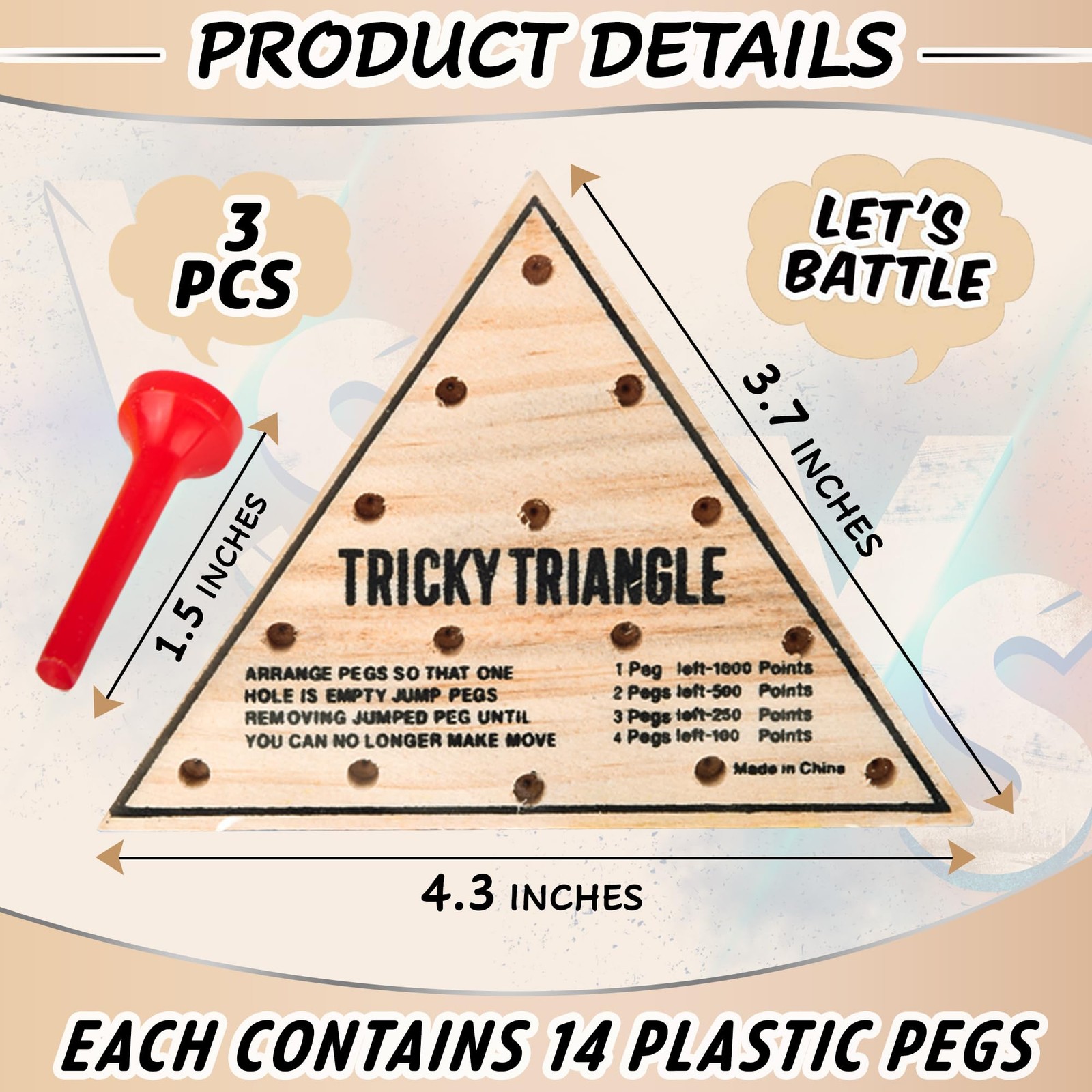 3 Pack – Wooden Triangle Peg Board Game – Retro Mini Travel Game