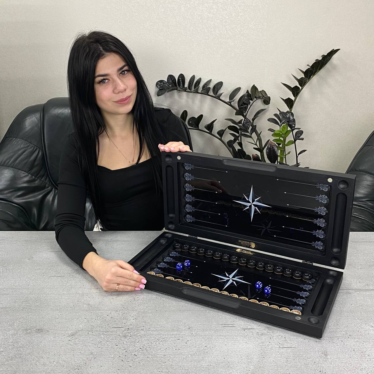Glass & Wood Backgammon Set with Compass Design, Custom Board Game, 20×10 in