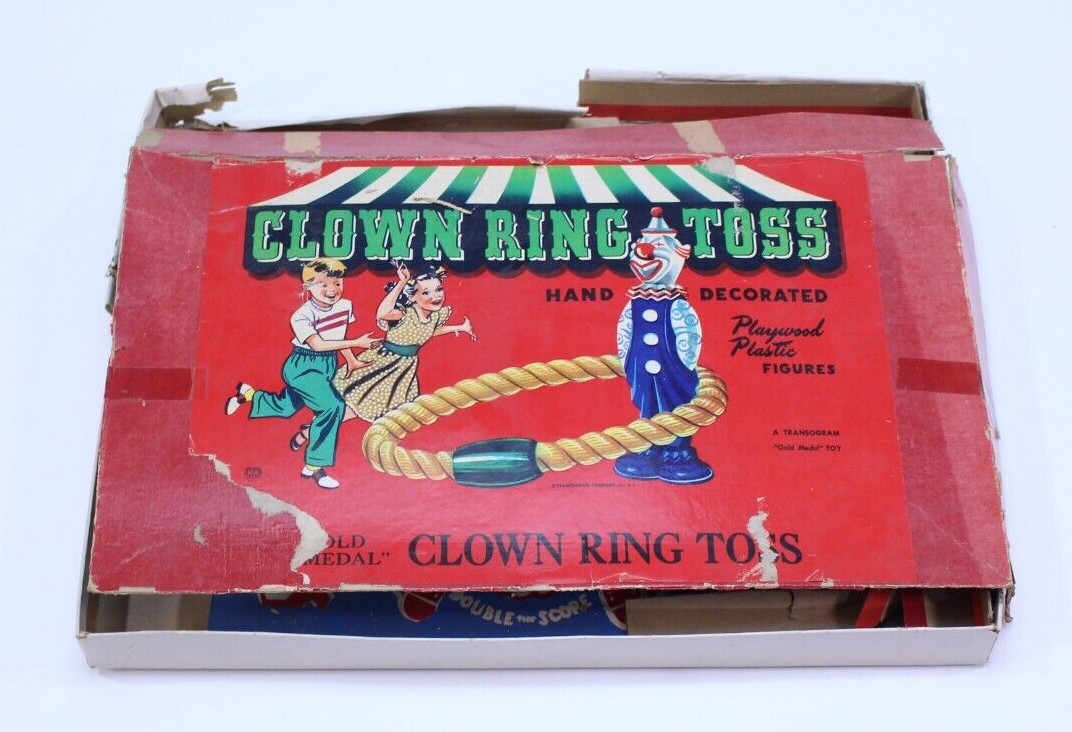 VTG Transogram Clown Ring Toss Game Toy Carnival Hand Decorated Complete Rare