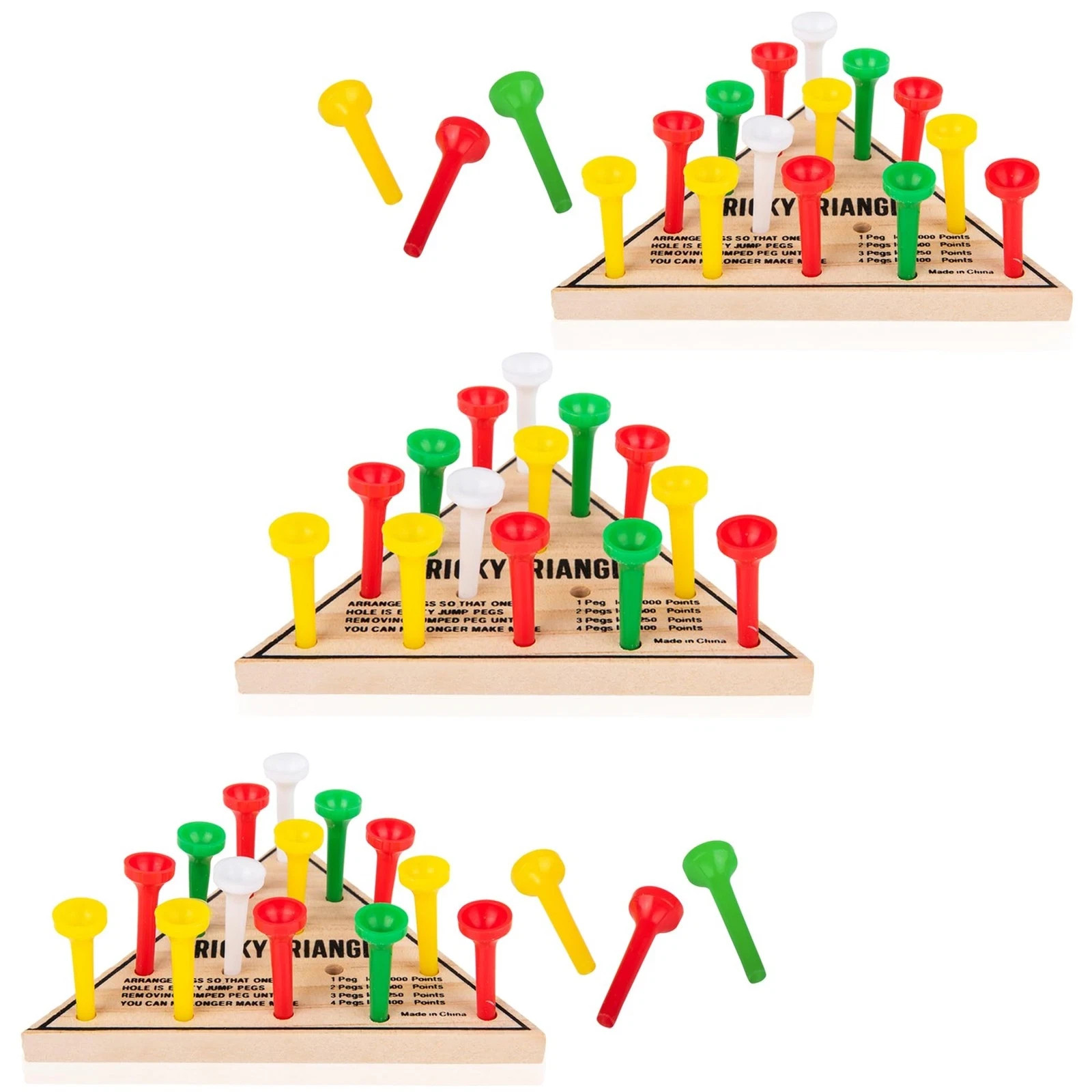 3 Pack – Wooden Triangle Peg Board Game – Retro Mini Travel Game