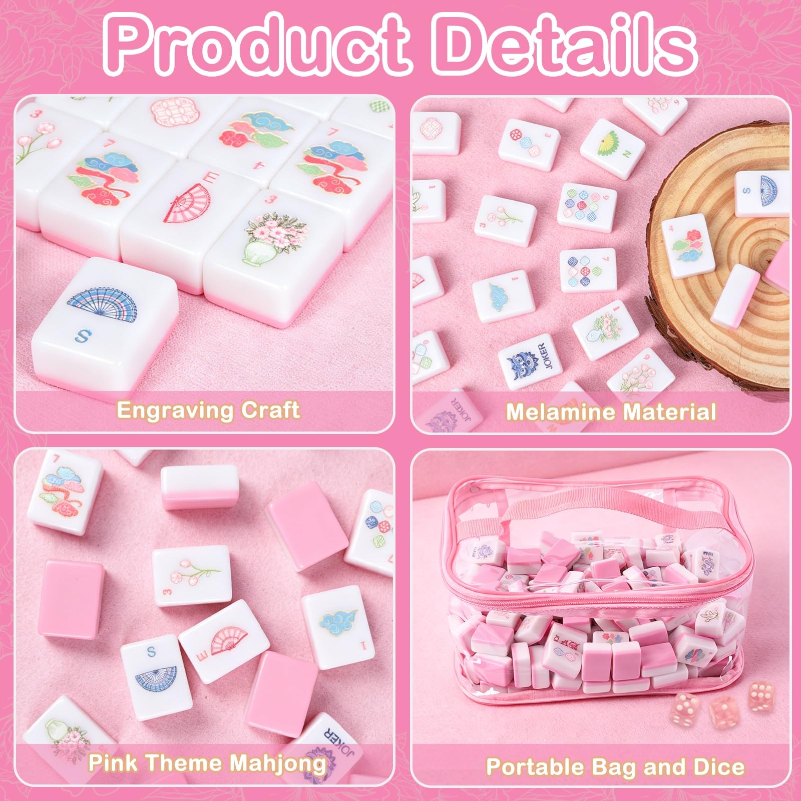 Entallor 166 American Mahjong Tile Set, 1.2″ Mini Pink 3D Engraved Melamine M…