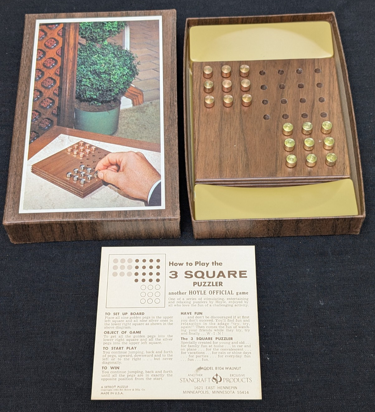 VTG 1964 HOYLE GAME SETKO’S 3 SQUARE PUZZLER WALNUT BOARD BRASS PCS BOXED COMPLT