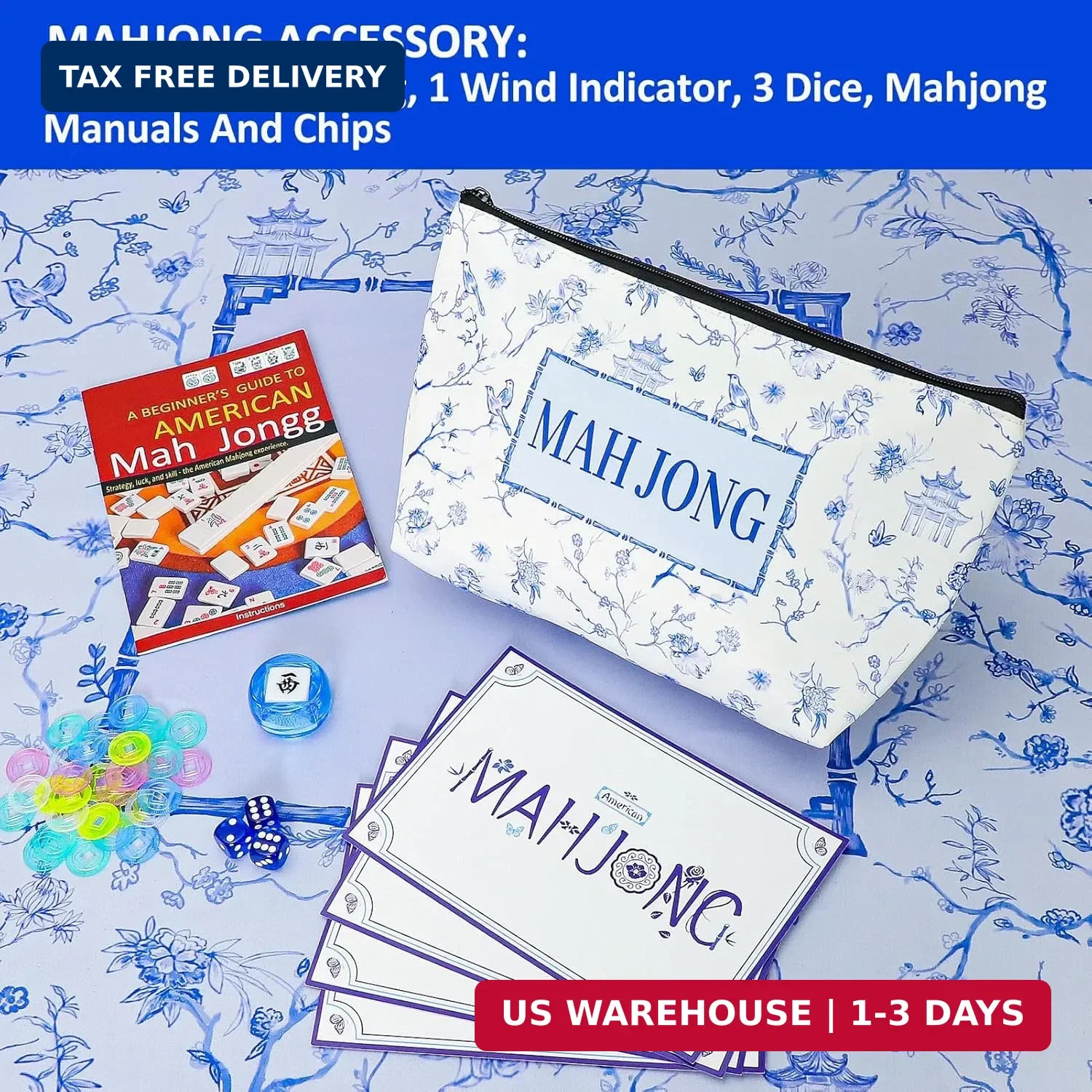 Light Blue American Mahjong Tile Set(1.2″), 160 Engraved Tiles with Mahjong Tile