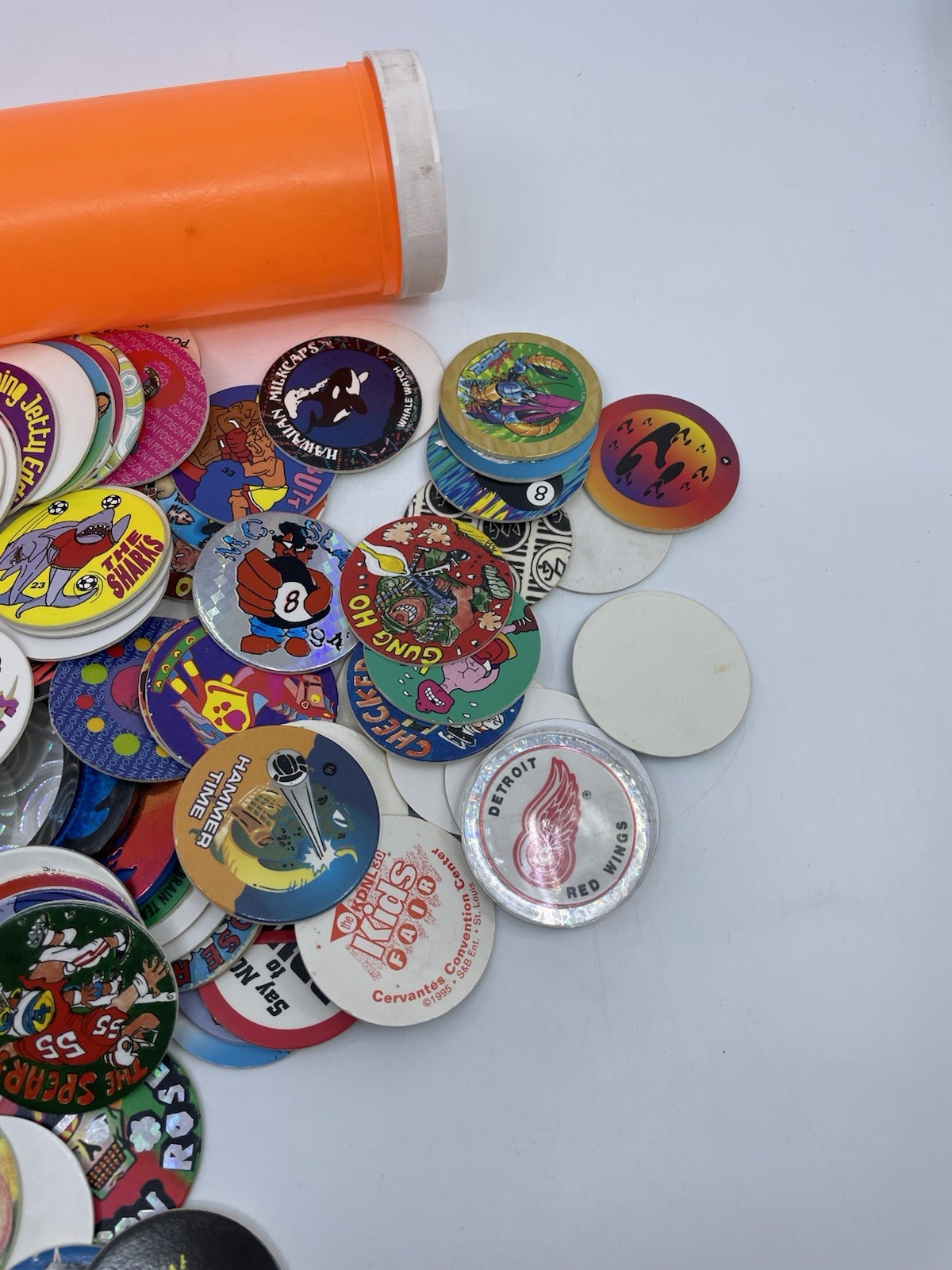 VTG Pogs Milkcaps Lot 149 90s 8-Ball Slammer Game Pieces W/ Pog Container