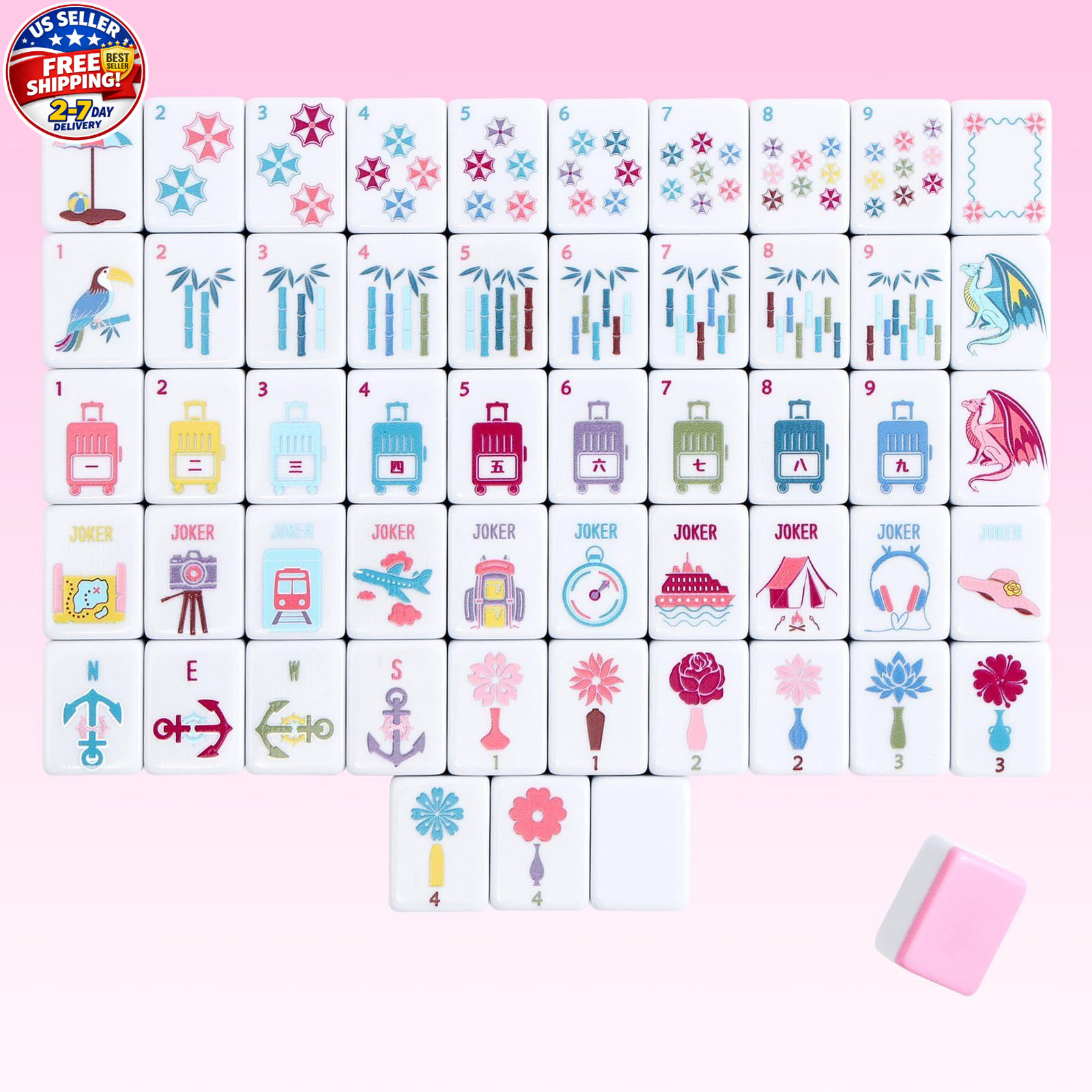 160 Pink American Printed Mahjong Game Set with Carrying Bag And Accessories 1.2