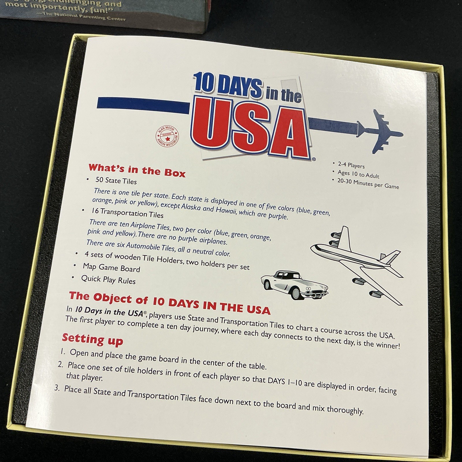 10 DAYS IN THE USA Board Game Out of the Box NEW Open 100% 2004 Alan Moon TEN