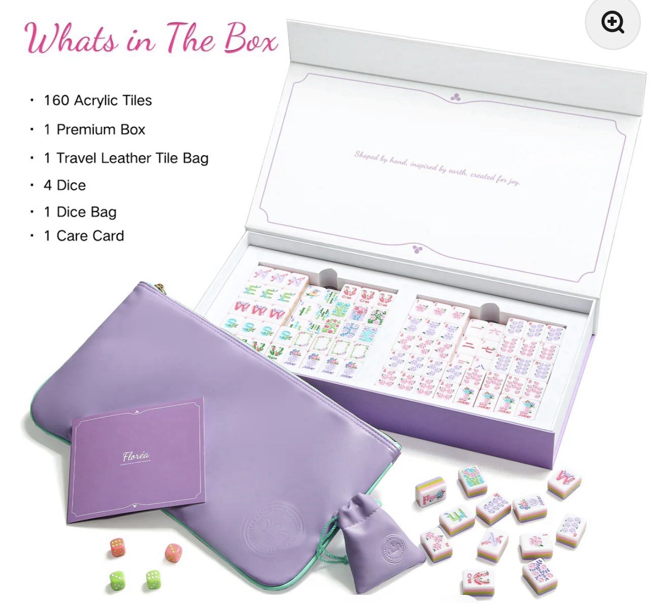 VIRORA ‘Florea’ Mahjong Set, 160 Purple 4-Layer Tiles, Tile Bag, Box & 4 Dice