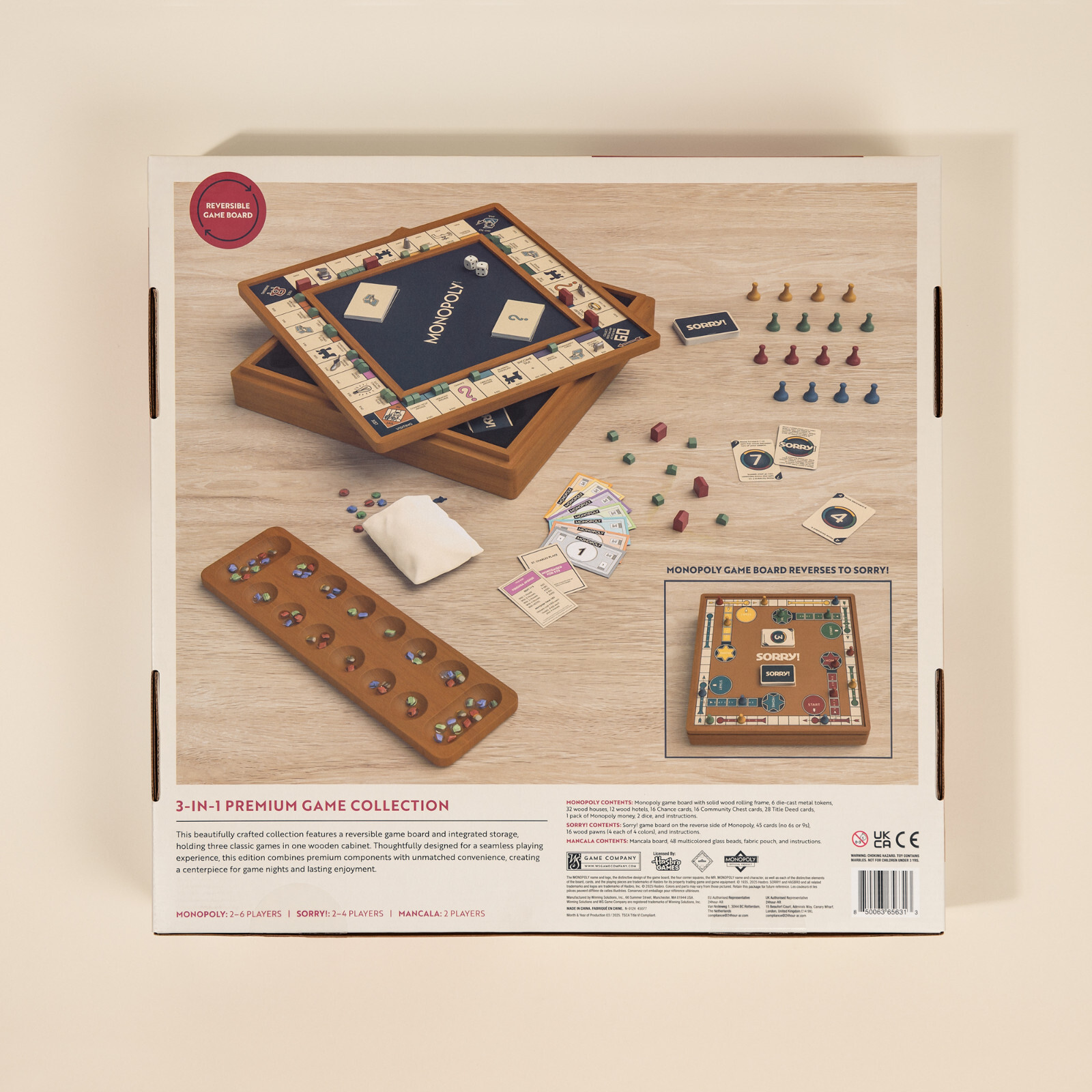 WS Game Company 3-in-1 Premium Game Collection: Monopoly, Sorry!, and Mancala