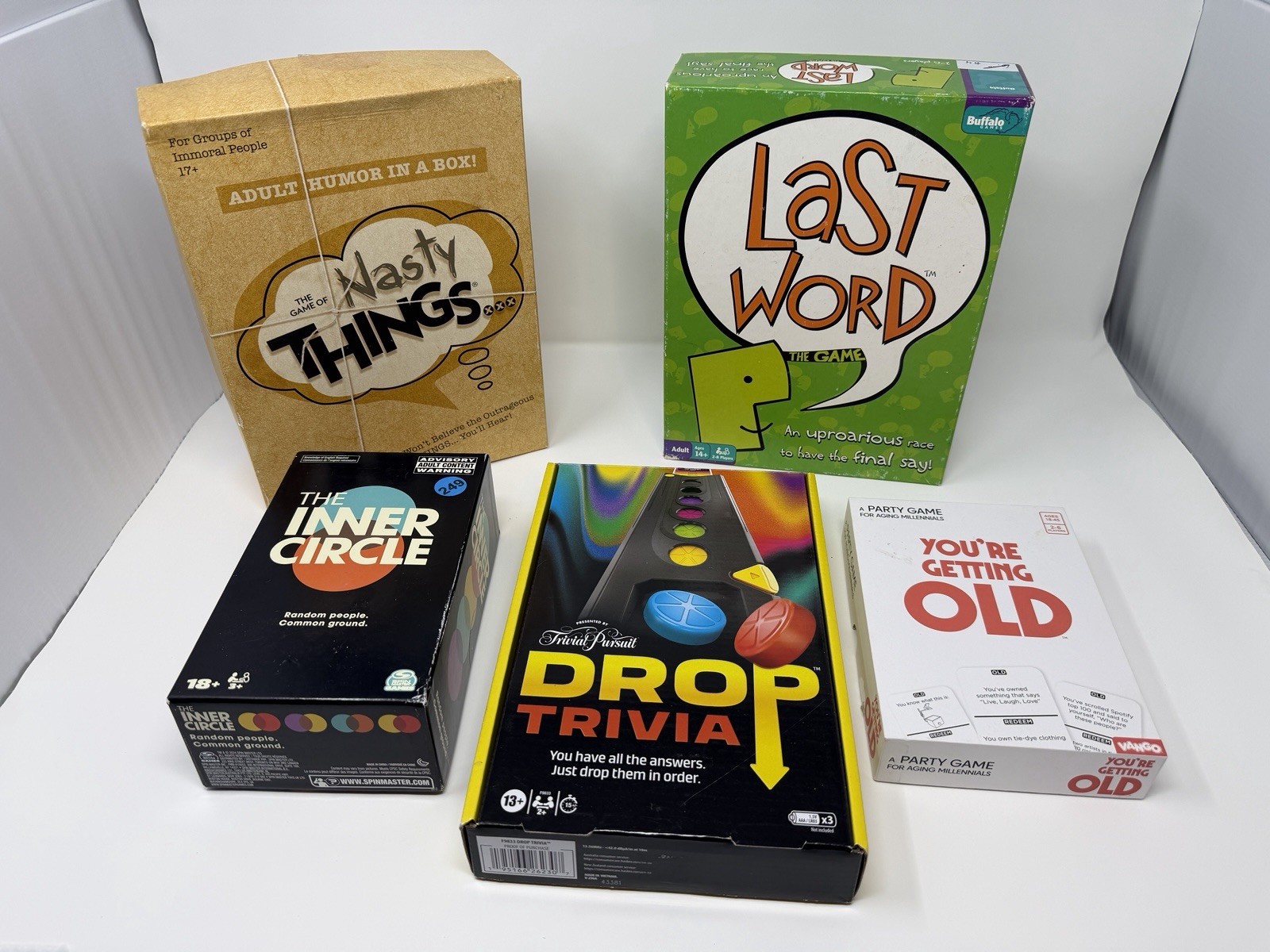 5 Adult Party Board Games (14-18+) Last Word, Drop Trivia, Etc. 2-3+ Players