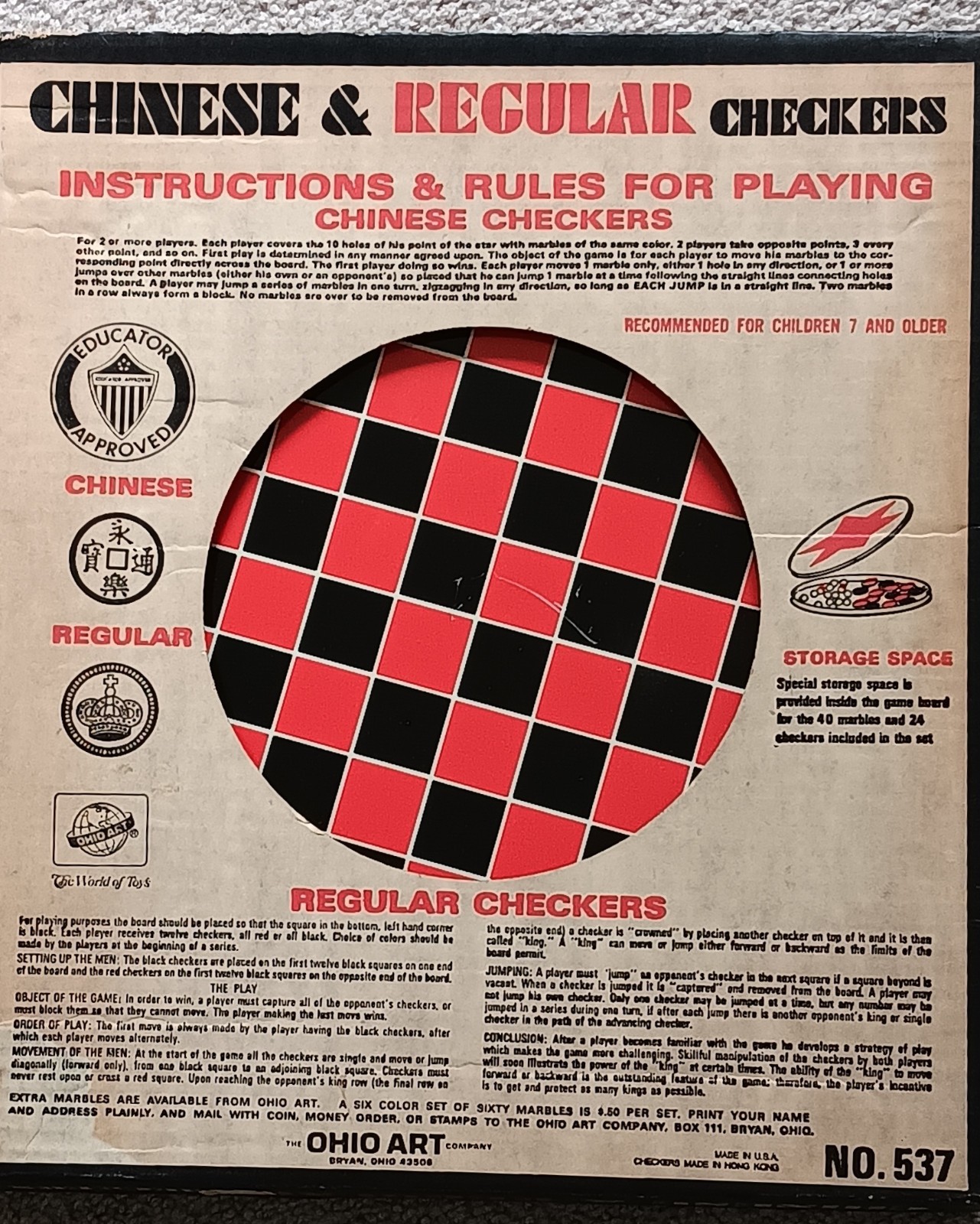VINTAGE 1960s/70s Ohio Art CHINESE & REGULAR CHECKERS Game #537 Tin Board + BOX