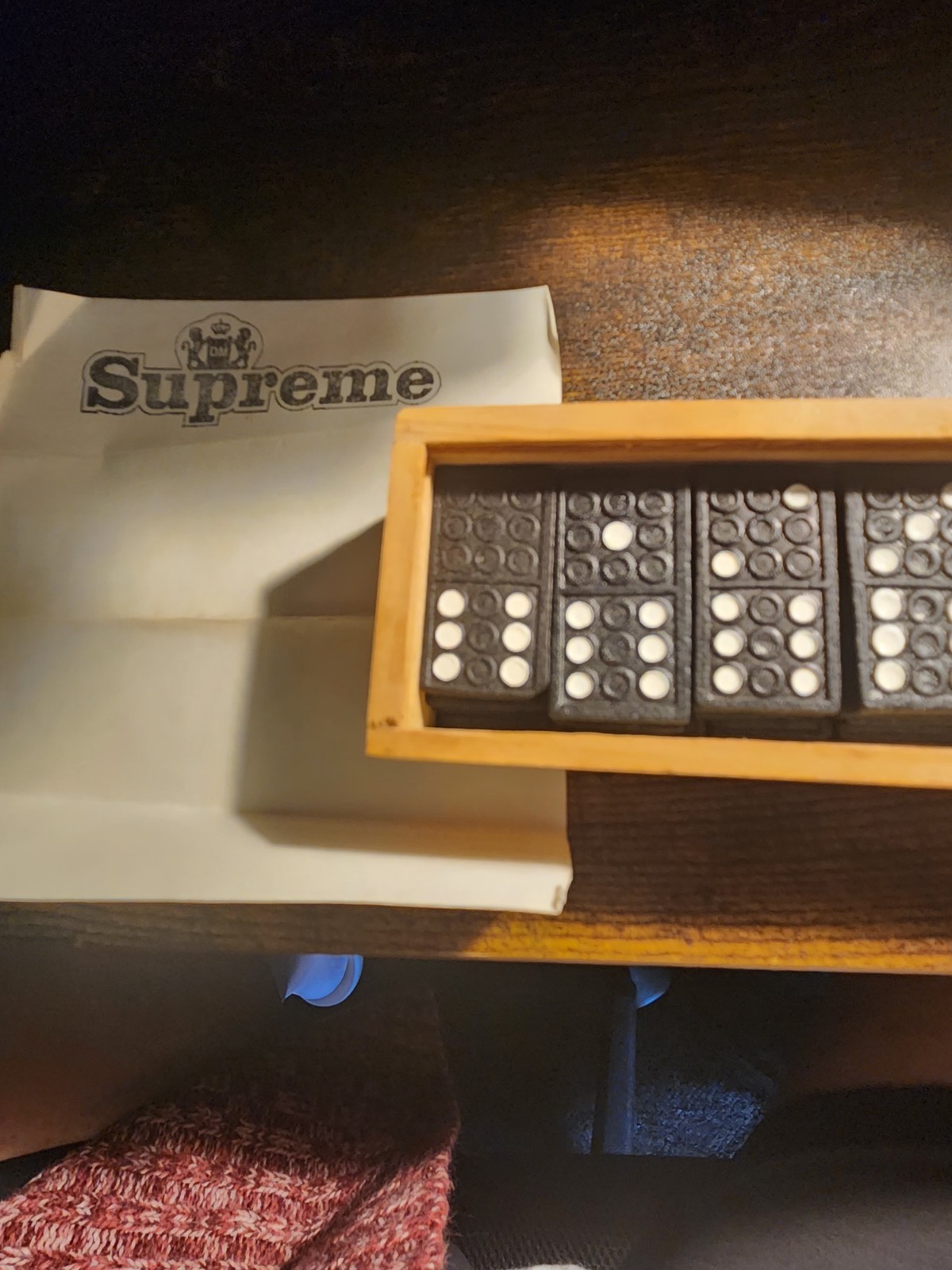 Vintage Supreme Dominoes Game Set Black Tiles Dragon Back Wood Box Complete