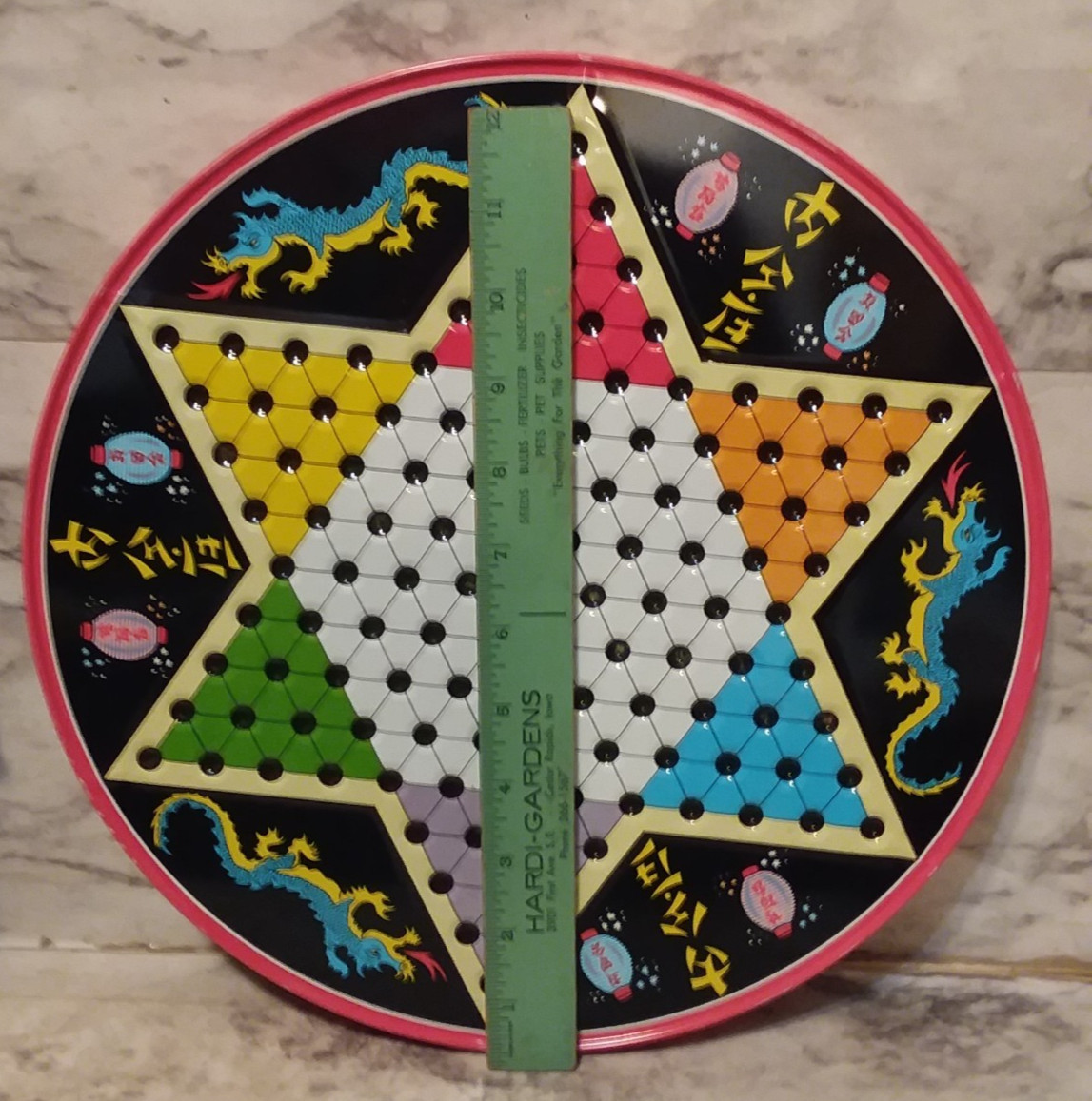 Vntg OHIO ART 12″ Tin Litho CHINESE CHECKERS #535H Board Game w/ Marbles & Box