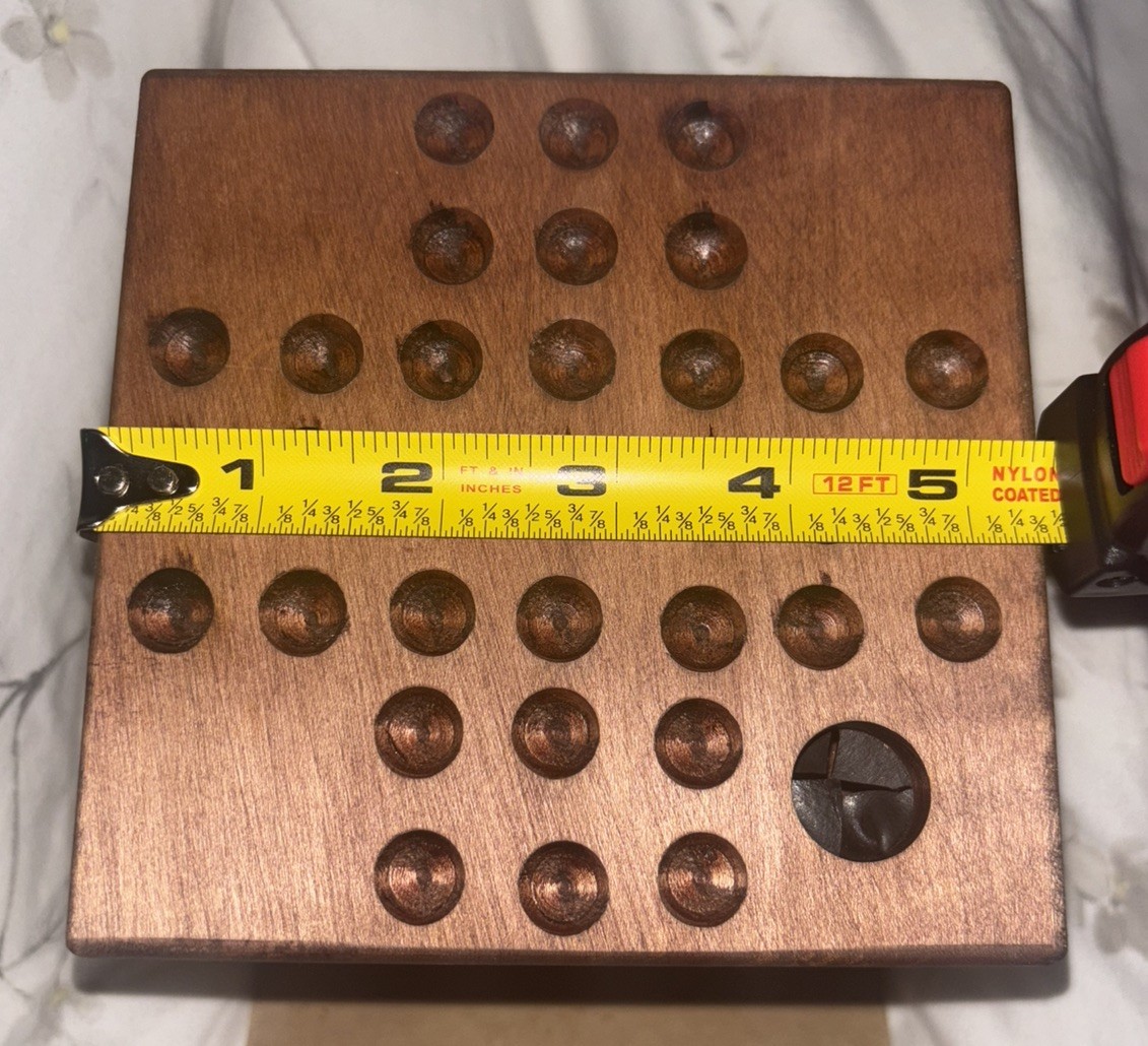 Vintage Handmade Marble Solitaire Game Solid Wood Board White Glass Marbles