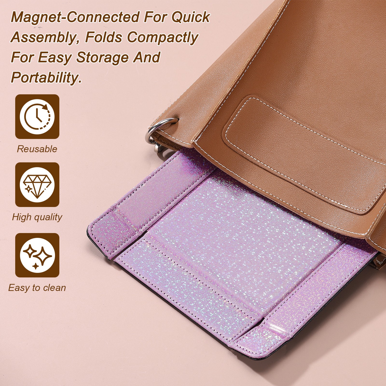 PU Leather Dice Tray Rectangle Folding Dice Rolling Tray Glitter Light Purple