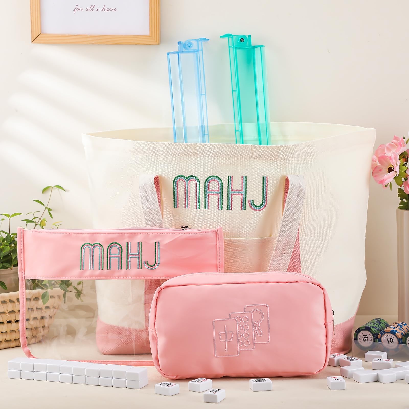 3 Pcs Empty Mahjong Tile Bags with Zipper Set Embroidered Mahjong Canvas Carr…