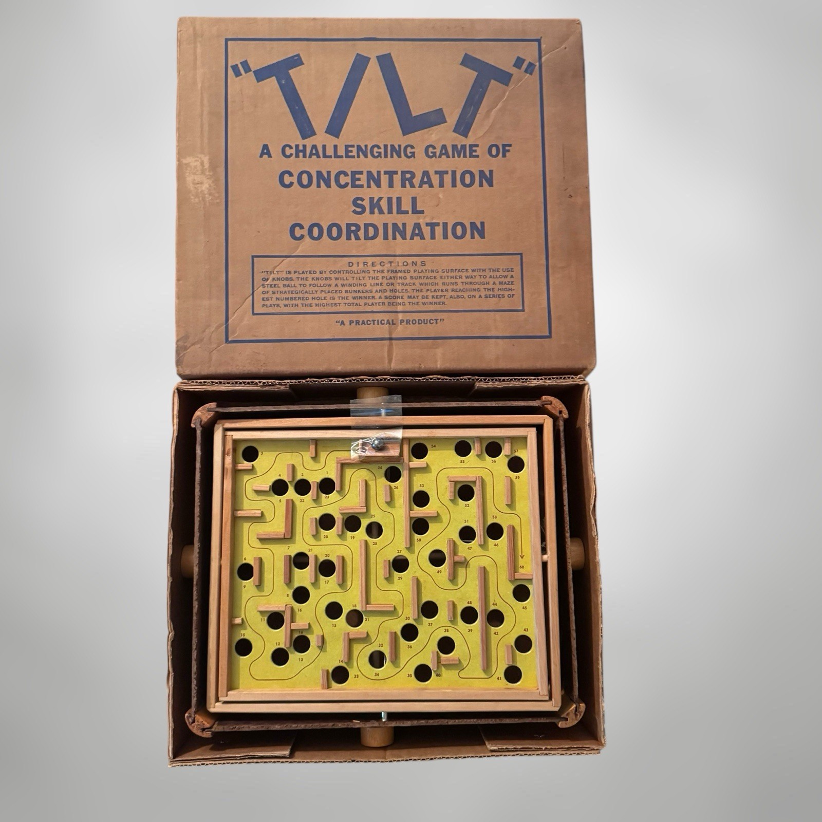 Vintage Tilt Marble Maze Game Wood Skill Puzzle w Box & Original Marble