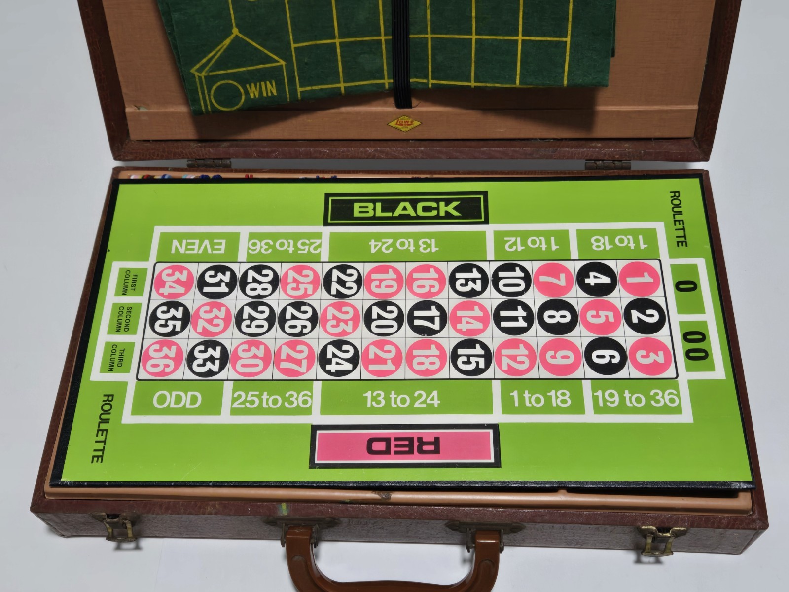 Vintage E.S. Lowe Multi Game Set In Briefcase Roulette, Horse Race, Cards, Dice