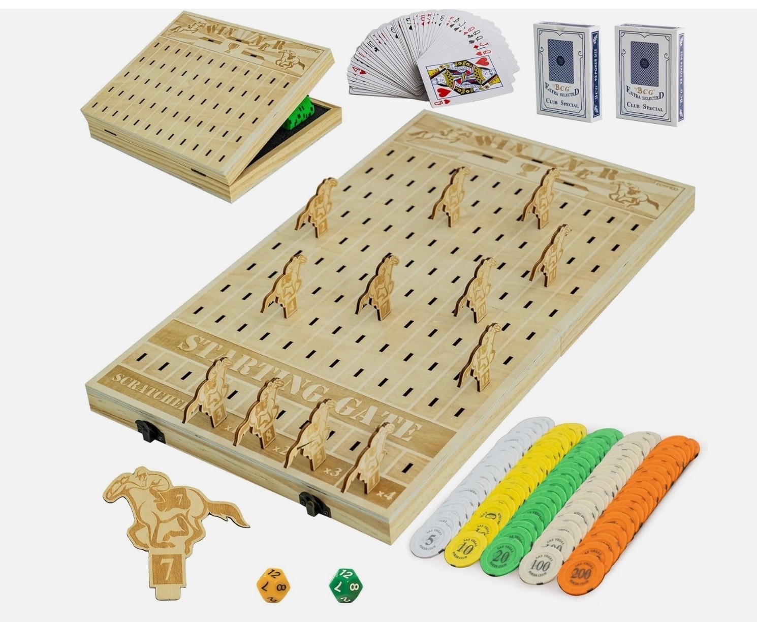 Wood Horse Racing Board Game-Foldable-Portable-Includes: Horses-Cards-Chips-Dice