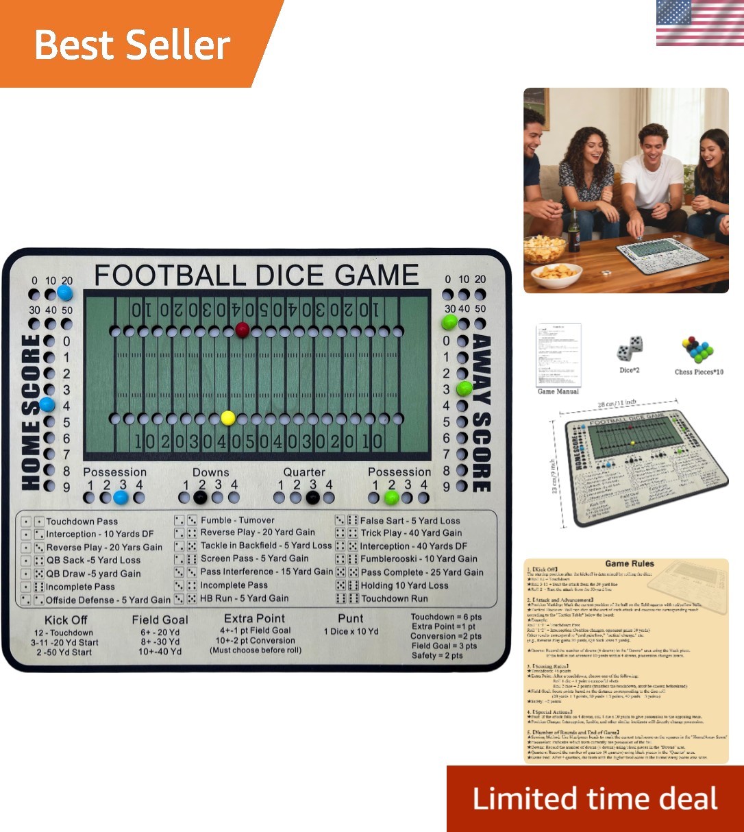 Football Dice Game – Wooden Tabletop Board Game with Scoring Track, 11×9 Inches