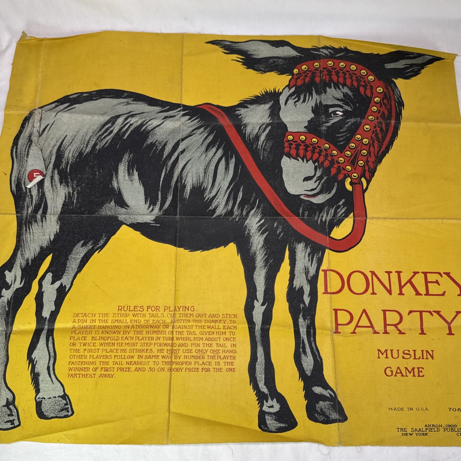 Antique Pin The Tail On The Donkey Party Muslin Game Saalfield Publishing Co.