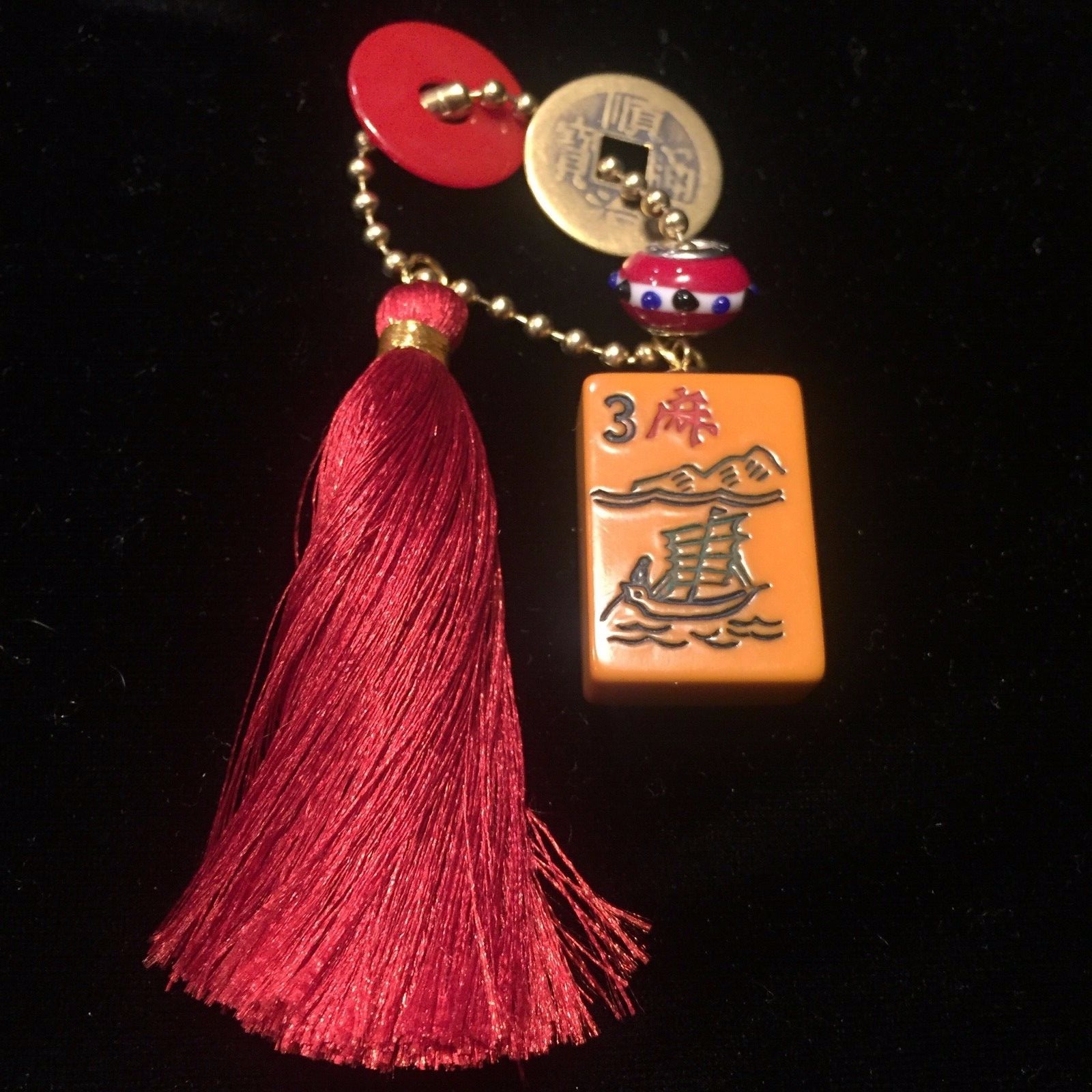 Vtg Key Chain Mahjong Mahjongg Flower Tile Sterling Silver Bead