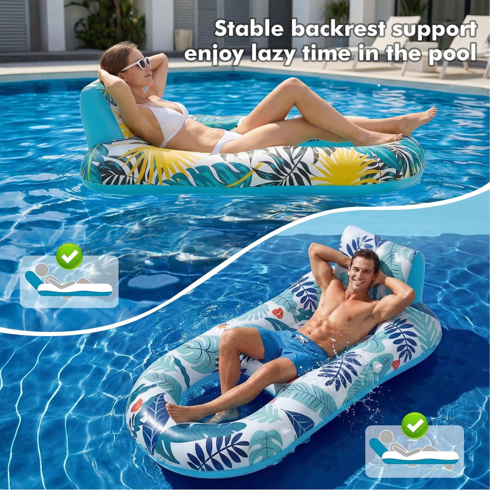 Pool Floats 2 Pack Inflatable Heavy Duty Lounger Backrest Footrest Giant Adult