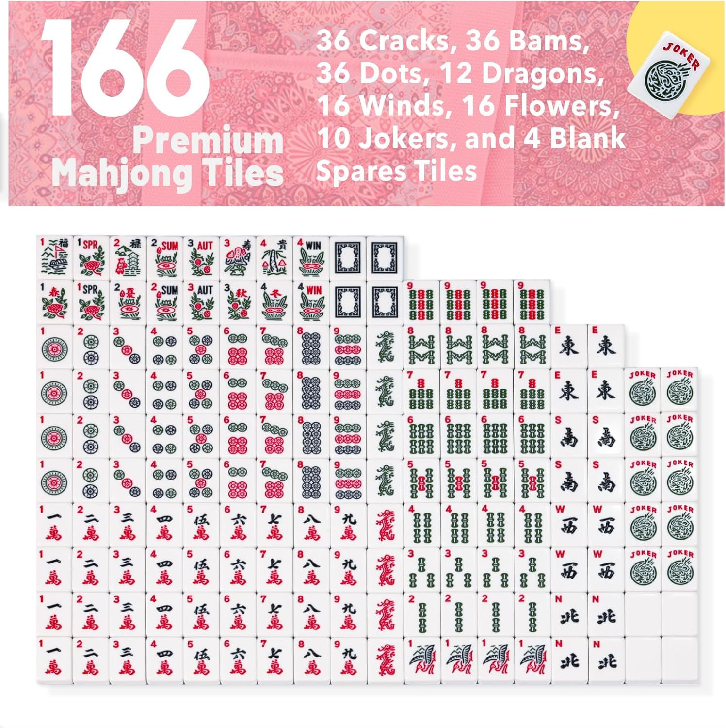 American Mahjong Tile Set with Pink Printed Carrying Bag, 166 Blue Tiles, 4 All-