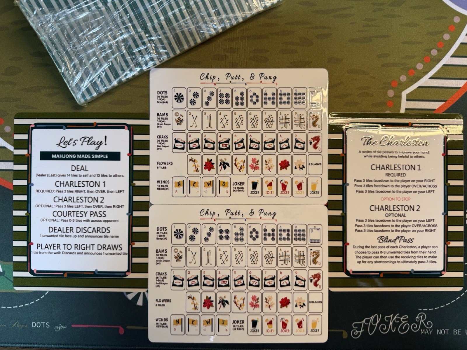 Luxury American Mahjong Set | Green Stripe Tiles + Golf Playing Mat | New