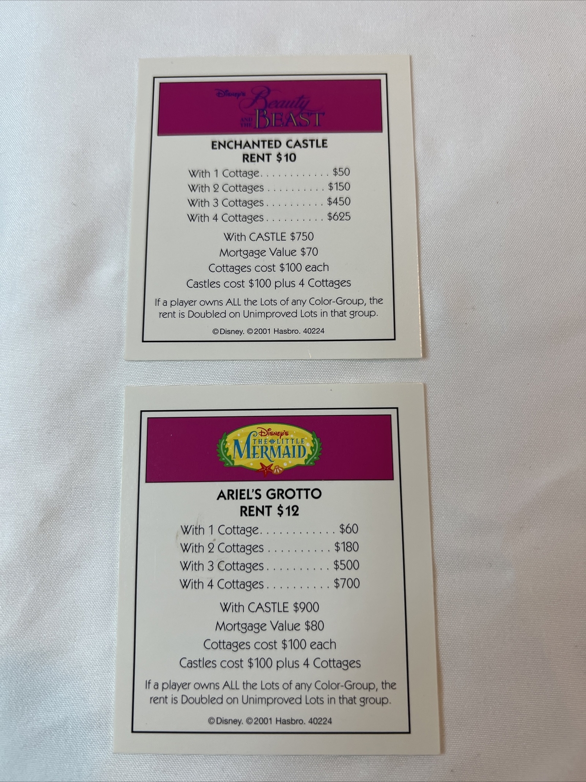 2 Light Purple Properties Monopoly 2001 Disney Edition Parker Brothers Game