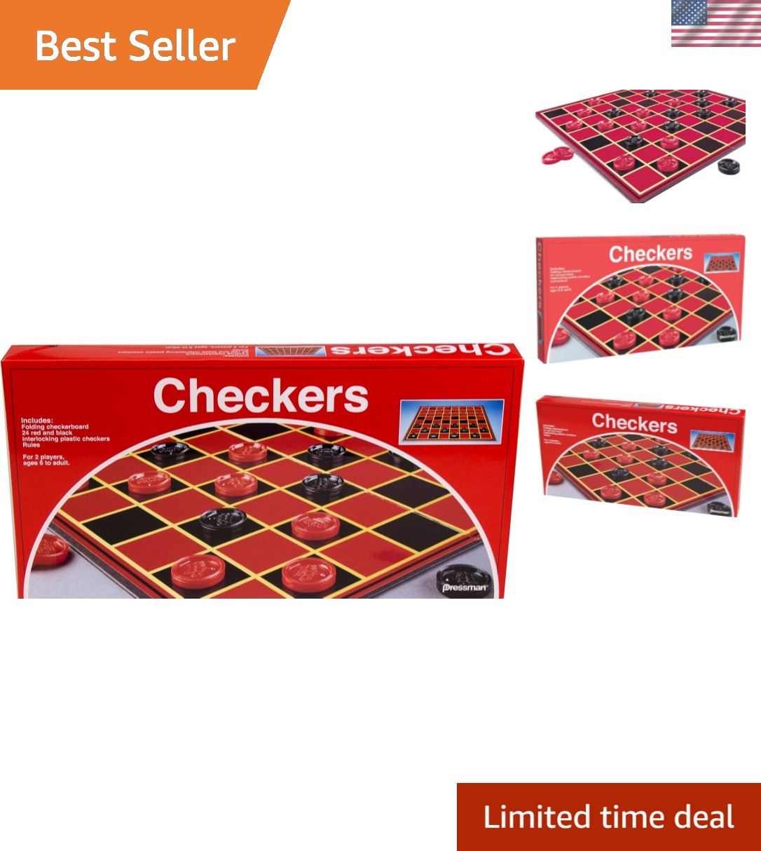 Checkers — Classic Game With Folding Board and Interlocking Checkers, 2 Players