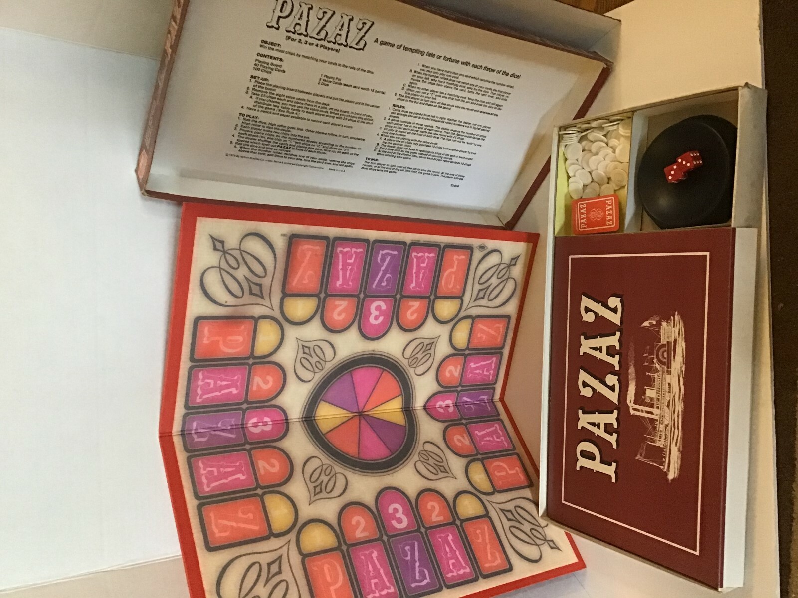 Vintage 1978 PAZAZ Board Game By MB & ES Lowe Card Chips and Dice Family Game